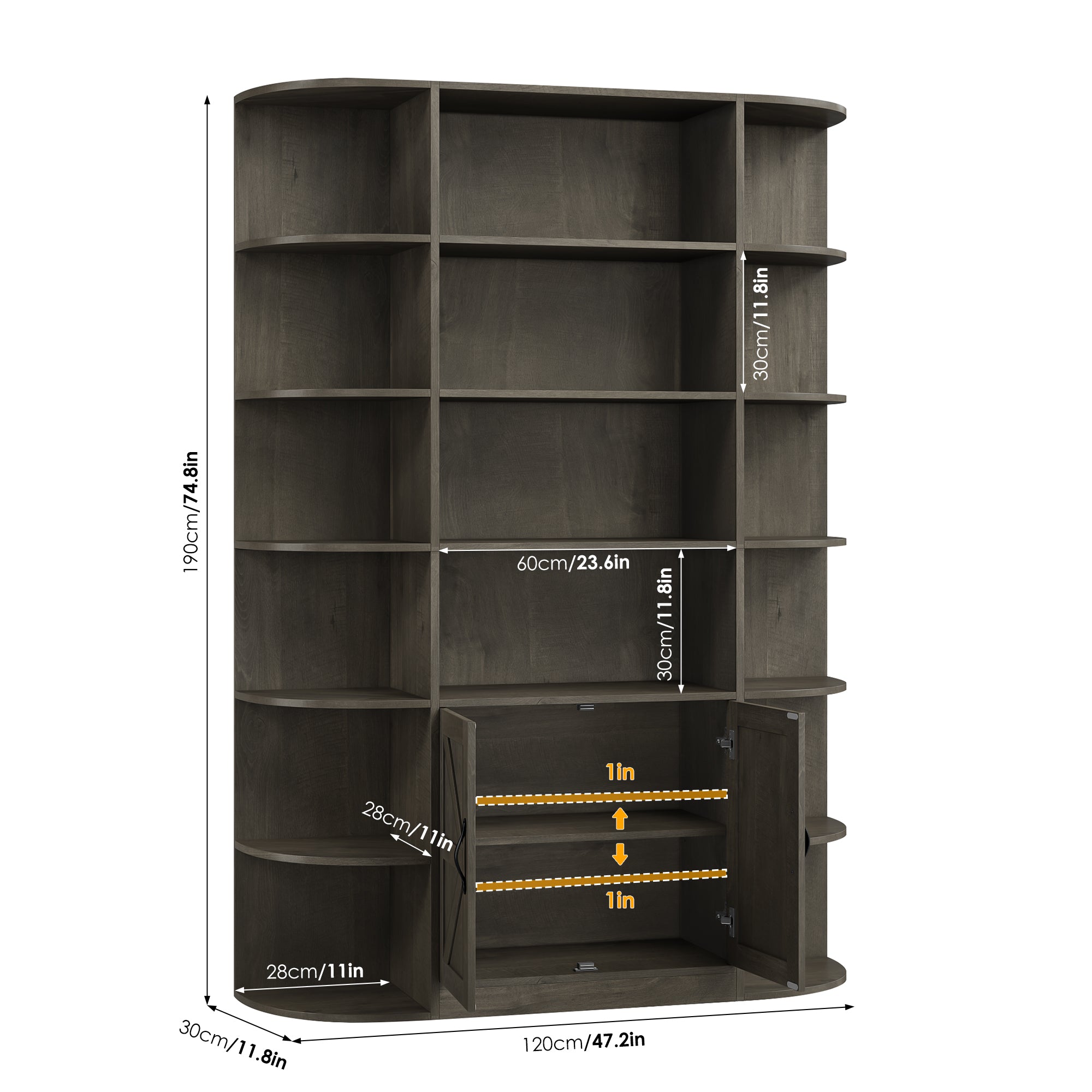 Hiphuta 74.8”Tall Bookcases with Cabinet, Extra Large 6-Tier Wooden Bookshelf for Living Room, Display Bookshelf for Home Office, Dark Brown