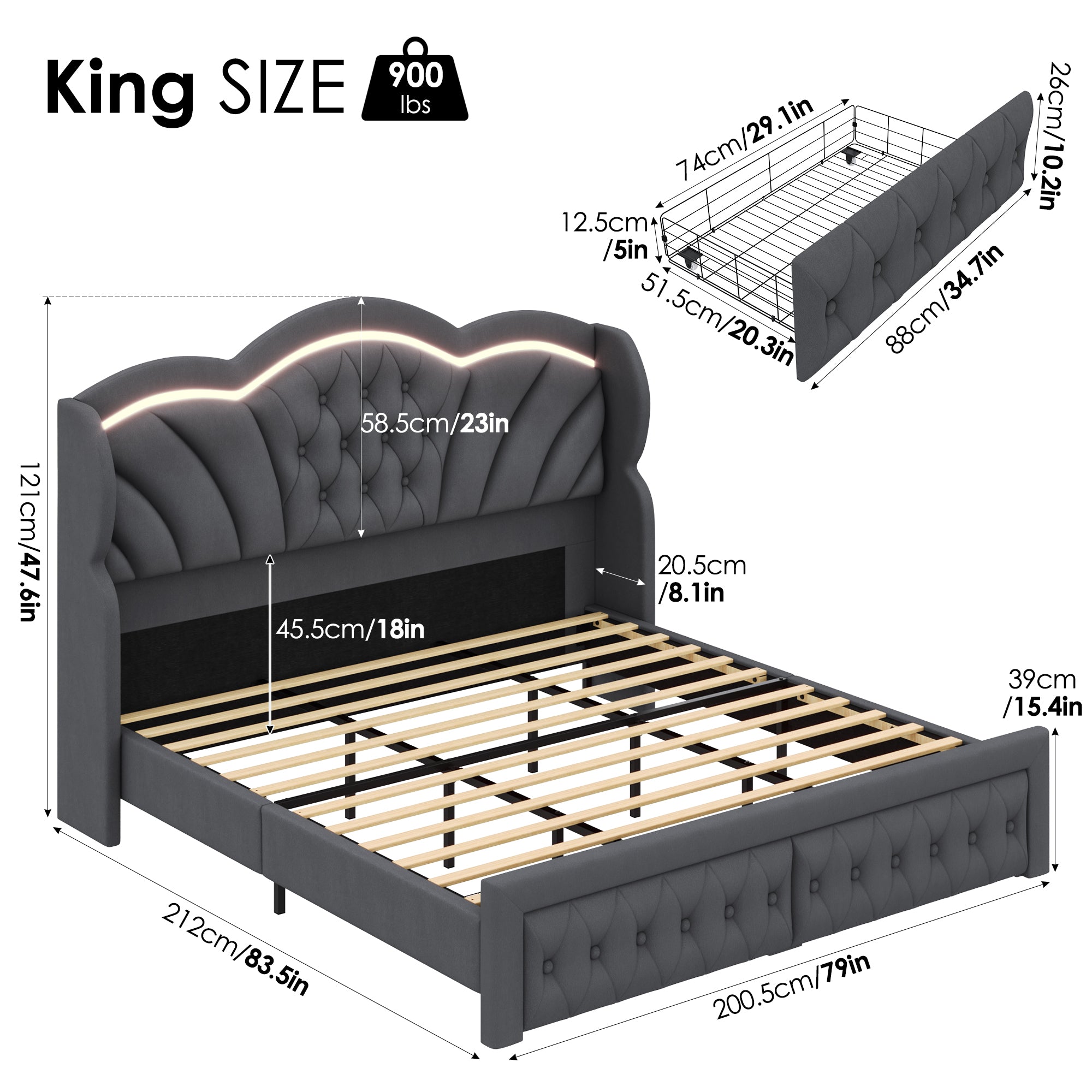 Hiphuta King LED Bed with 2 Drawers, LED Lights Platform Bed Frame with Upholstered Button Tufted Headboard, No Box Spring Needed, Velvet Gray