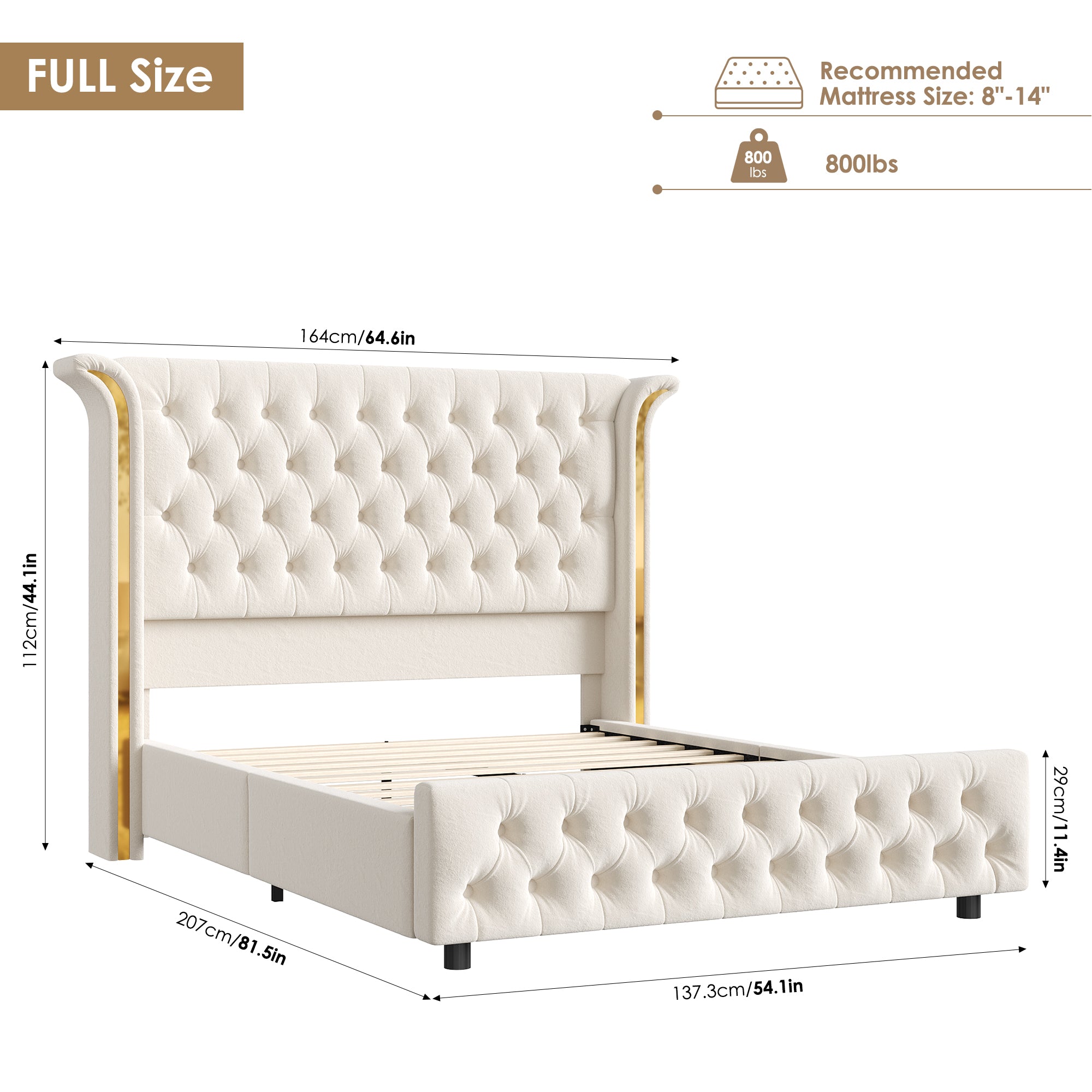 Hiphuta Queen Bed with LED Light, Cama Queen Platform Bed with Button Tufted Velvet Upholstered Headboard, White