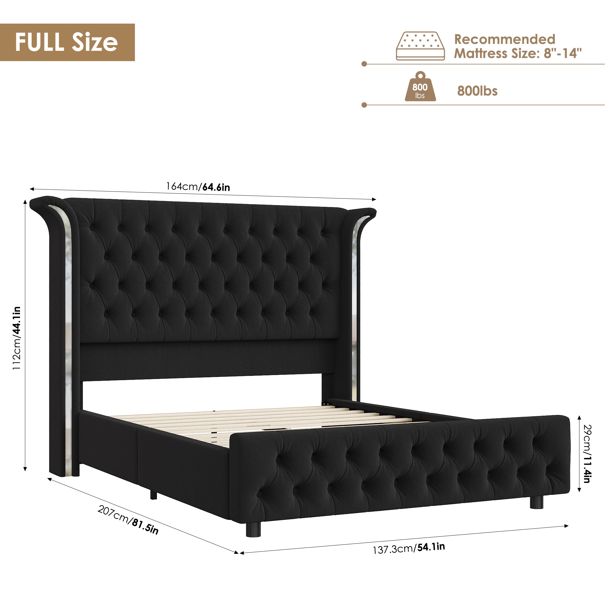Hiphuta Queen Bed with LED Light, Cama Queen Platform Bed with Button Tufted Velvet Upholstered Headboard, Black