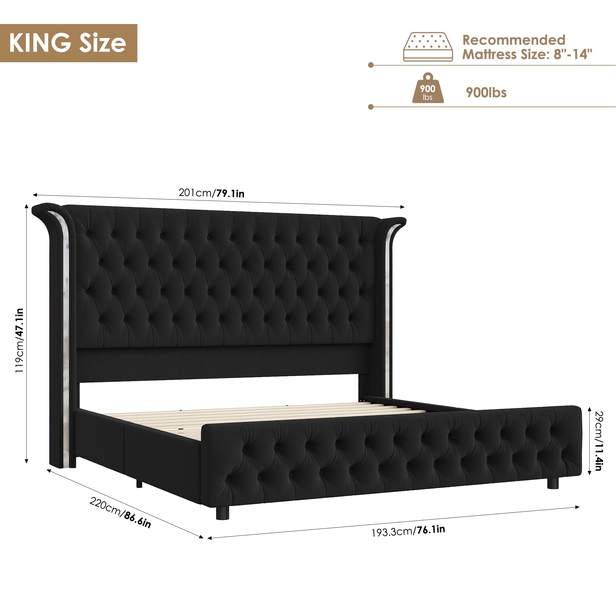 Hiphuta Queen Bed with LED Light, Cama Queen Platform Bed with Button Tufted Velvet Upholstered Headboard, Black