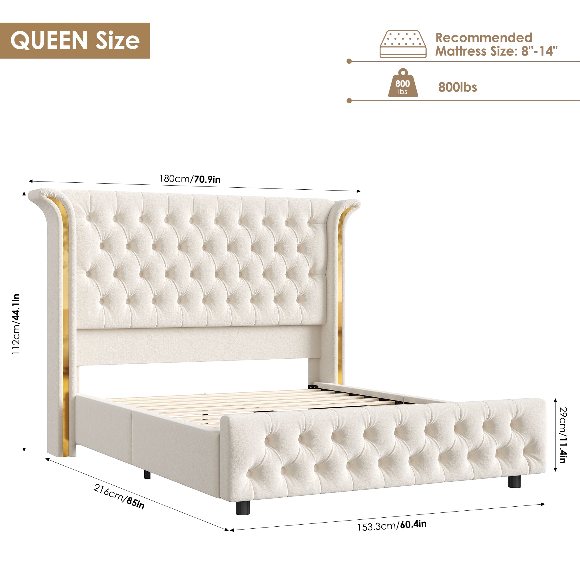 Hiphuta Queen Bed with LED Light, Cama Queen Platform Bed with Button Tufted Velvet Upholstered Headboard, White