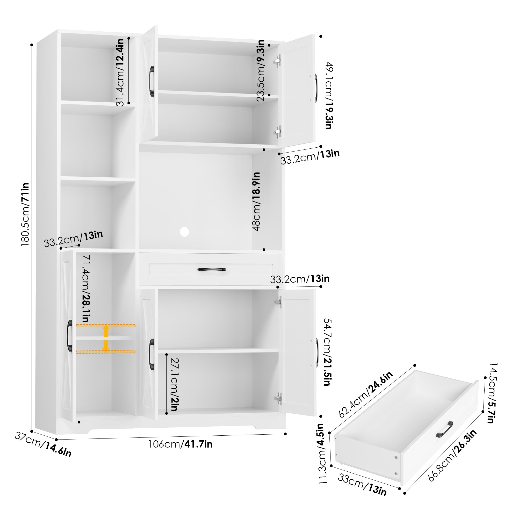 Hiphuta 71" Farmhouse Kitchen Pantry Storage Cabinet, Freestanding Hutch with Doors, Shelves & Microwave Stand, Cupboard for Dining Room, White