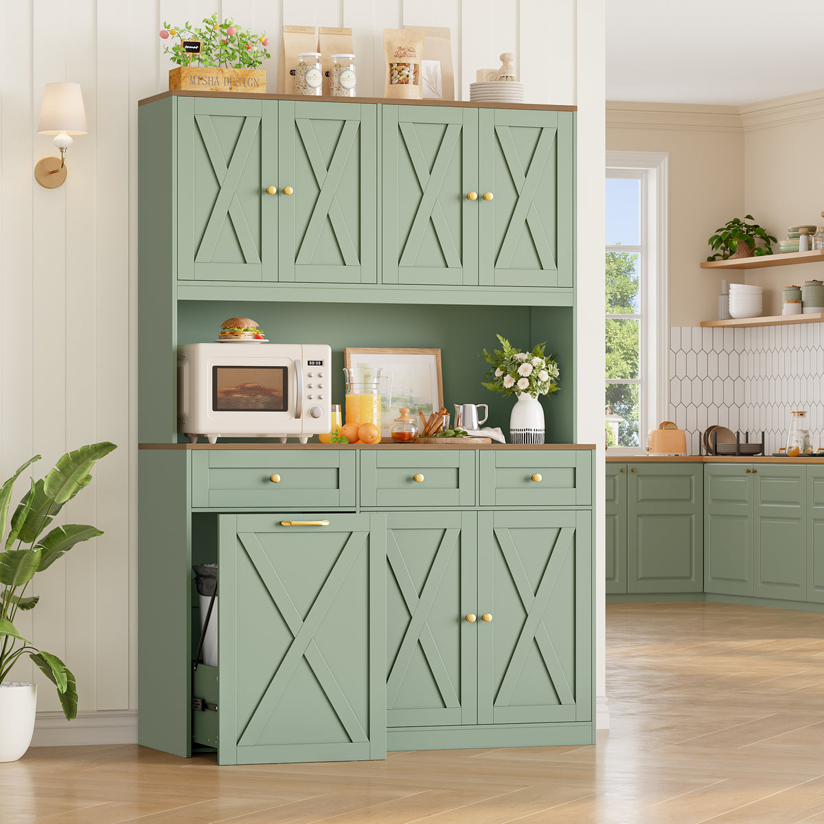 Hiphuta 73” Tall Kitchen Pantry Cabinet Fits 13 Gallon Trash Can Cabinet, Farmhouse Kitchen Storage Hutch with Pull Out Trash Can Storage for Dining Room Living Room, Green