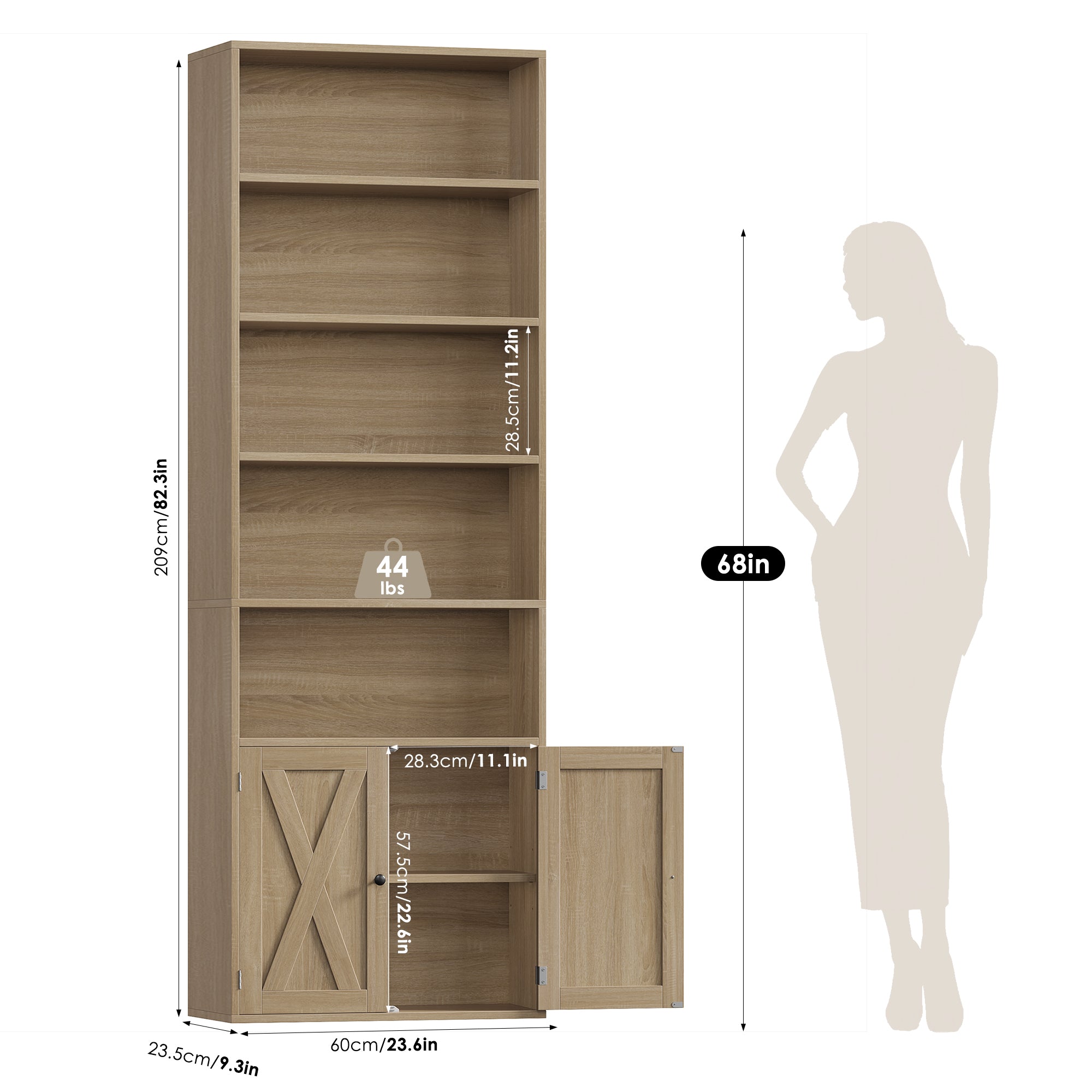 Hiphuta 82.3" Tall Bookcase with Doors, 5-Tier Bookshelves with Storage, 23.6"W Display Shelf with 2 Doors for Home Office, Living Room, Light Oak