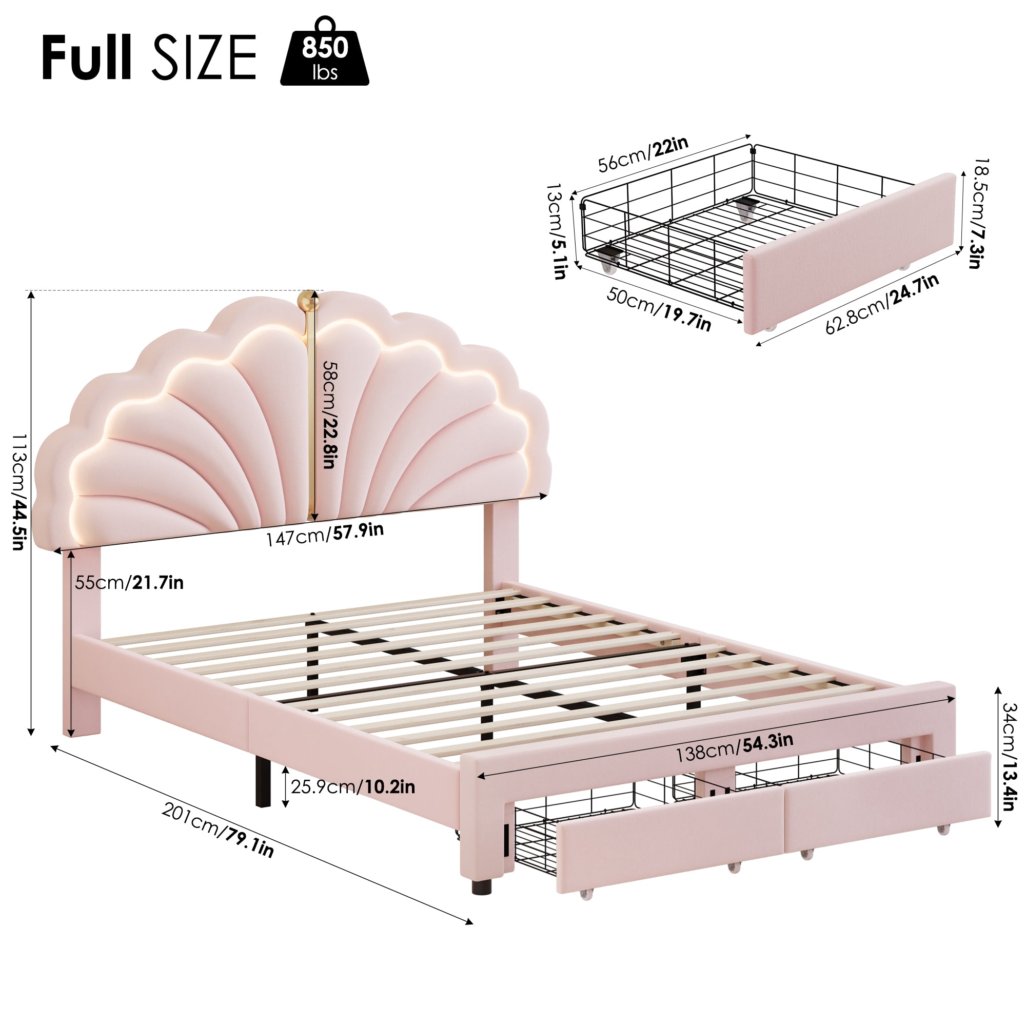 Hiphuta Kids LED Full Bed with 2 Drawers, LED Lights Platform Bed Frame with Upholstered Tufted Headboard, No Box Spring Needed, Velvet Pink