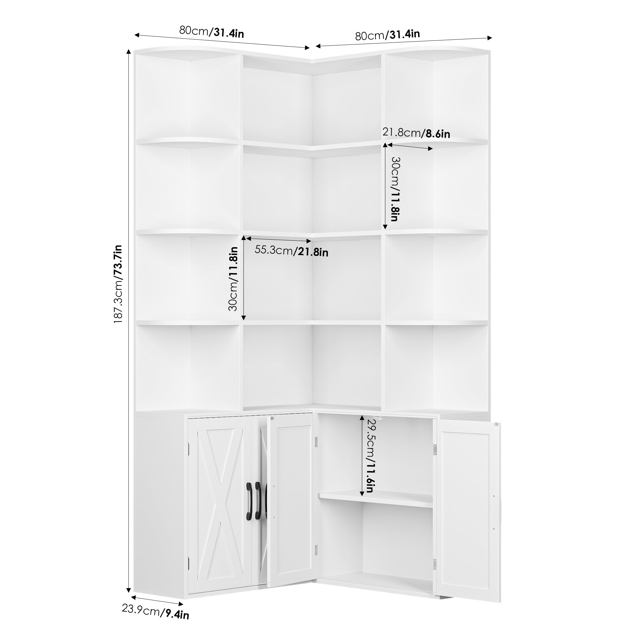 Hiphuta 74" Tall 6 Tier Corner Bookcase with 4 Doors, 31" Wide Farmhouse Large Corner Bookcase with Curved Edges, L Shaped Bookshelf for Office Living Room, White