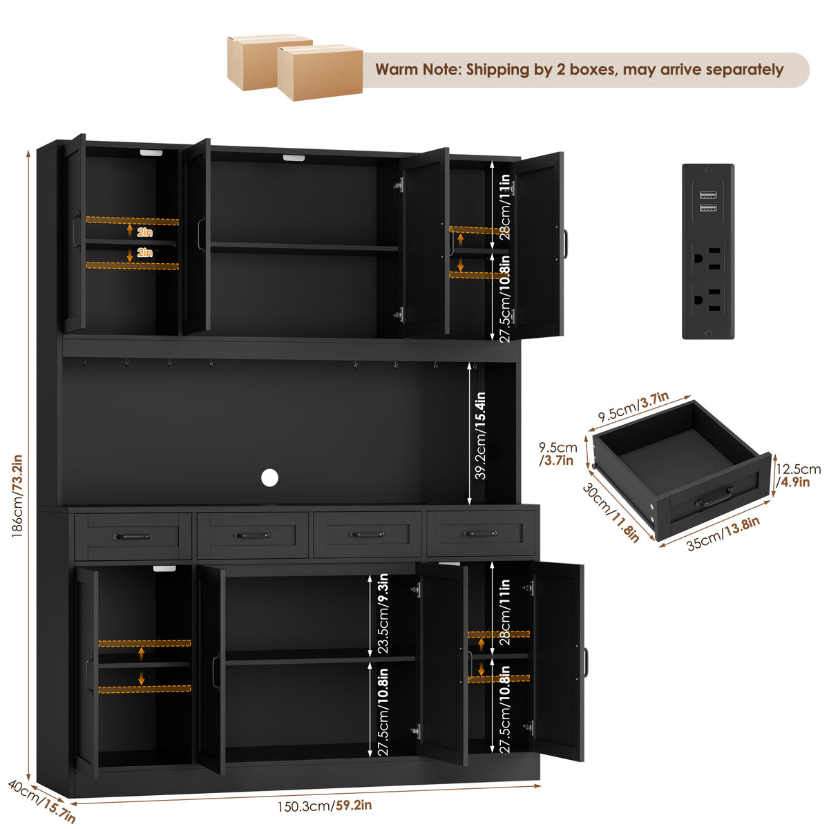 Hiphuta 59" Wide Kitchen Pantry Cabinet with 8 Doors and 4 Drawers, Extra Large Hutch Cabinet with RGB LED and Charging Station, Coffee Bar with 4 Adjustable Shelves, Black
