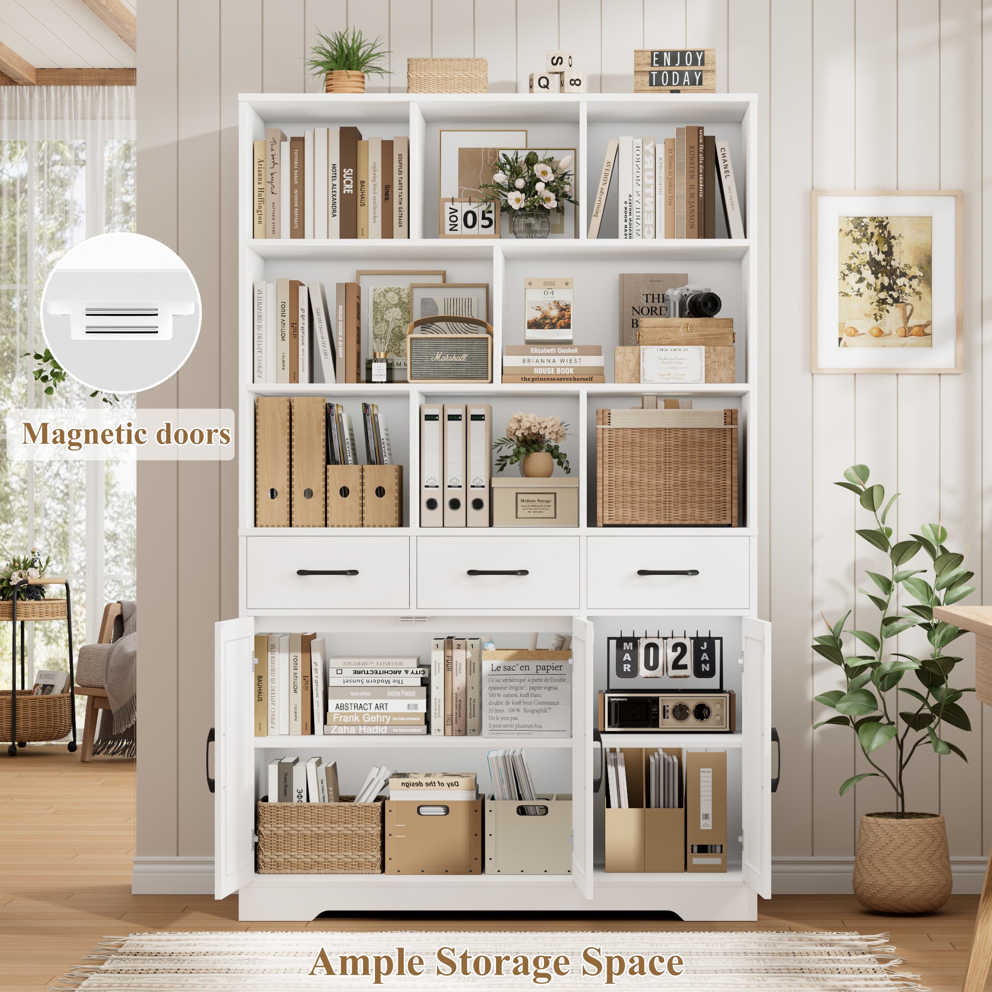 Hiphuta 71" Tall Bookcase with 3 Drawers and Doors, 43" Wide Farmhouse Bookcase with 8 Open Compartments for Office Living Room, White