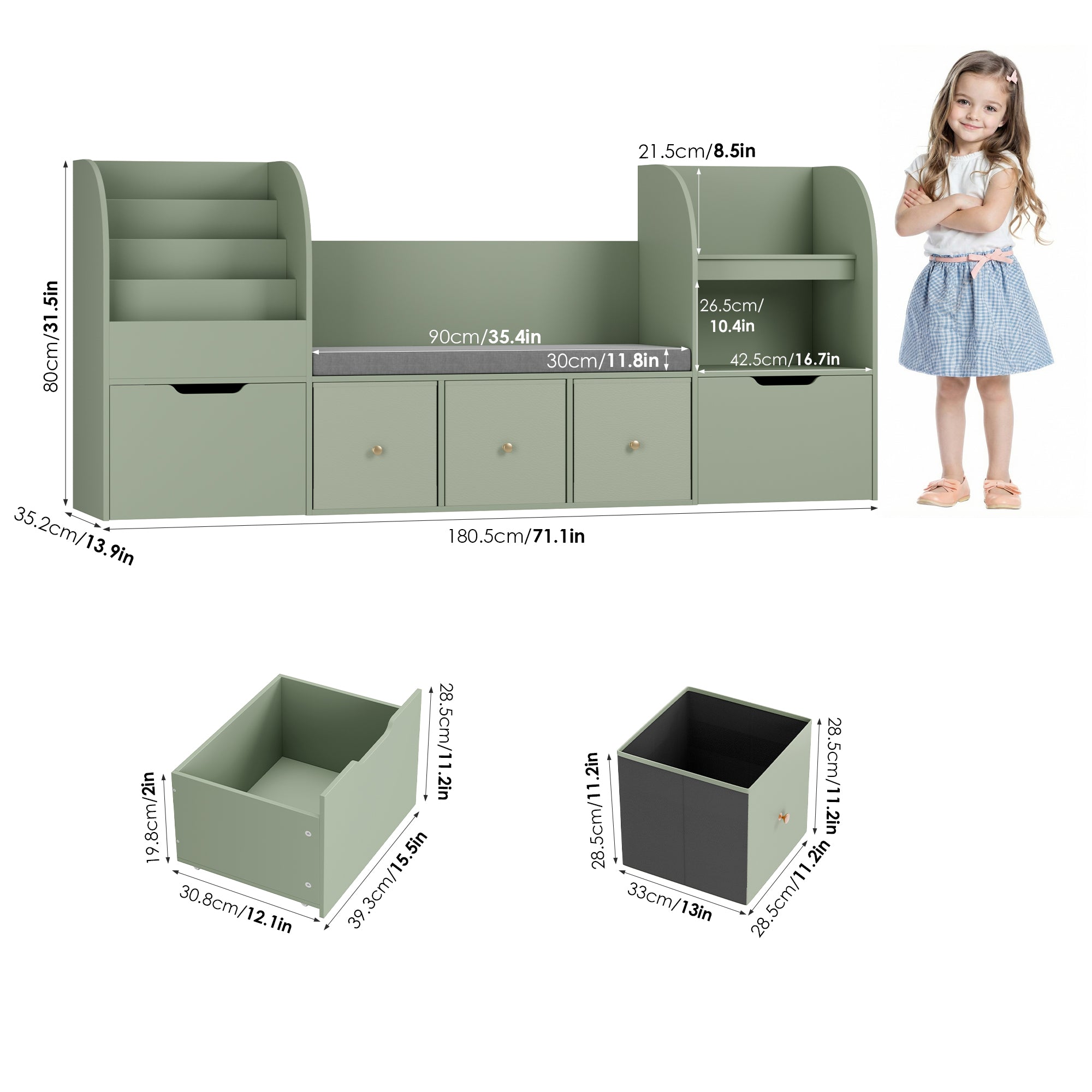 Hiphuta 71" Wide Kids Bookcase with Reading Nook, Large Toy Storage Organizer with 5 Drawers and Seat Cushion, Green