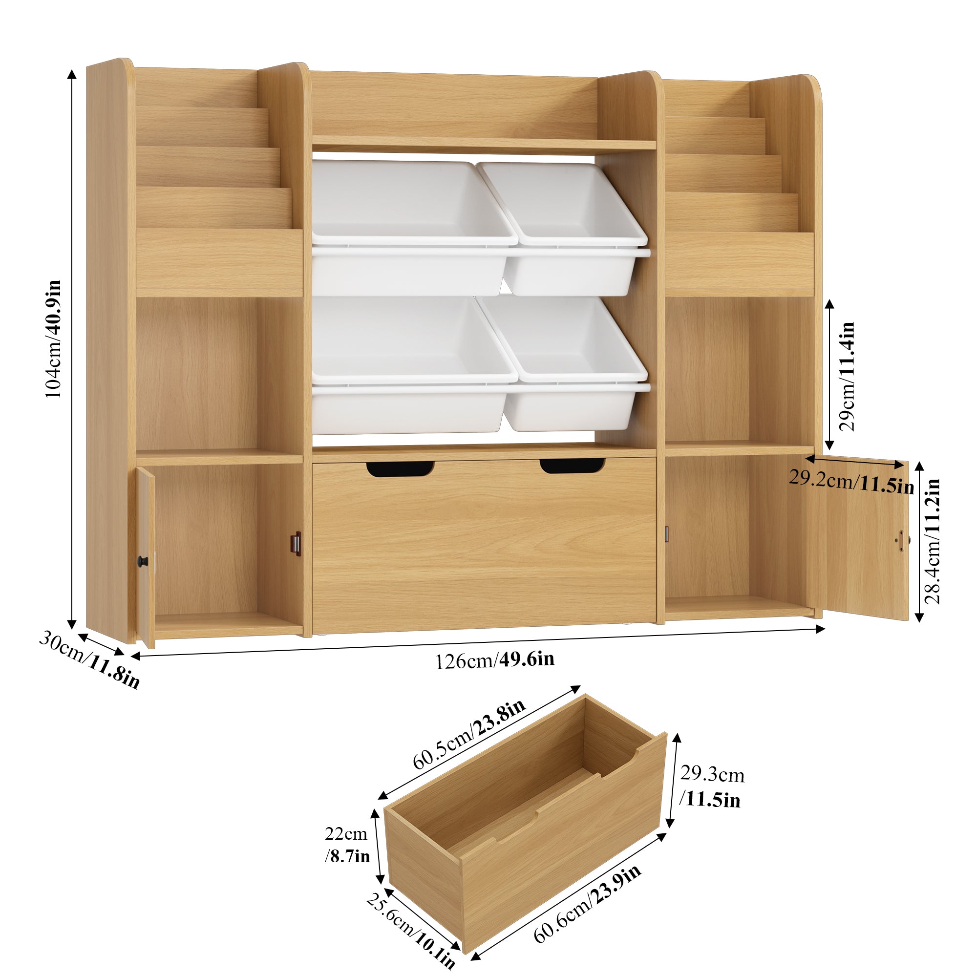 Hiphuta Kids Bookcase Toy Storage Organizer, Wooden Toy Organizer of 4 Bins& 1 Removable Drawers for Home Bedroom, Kids Bookshelf Toy Box with Book Rack, Natural