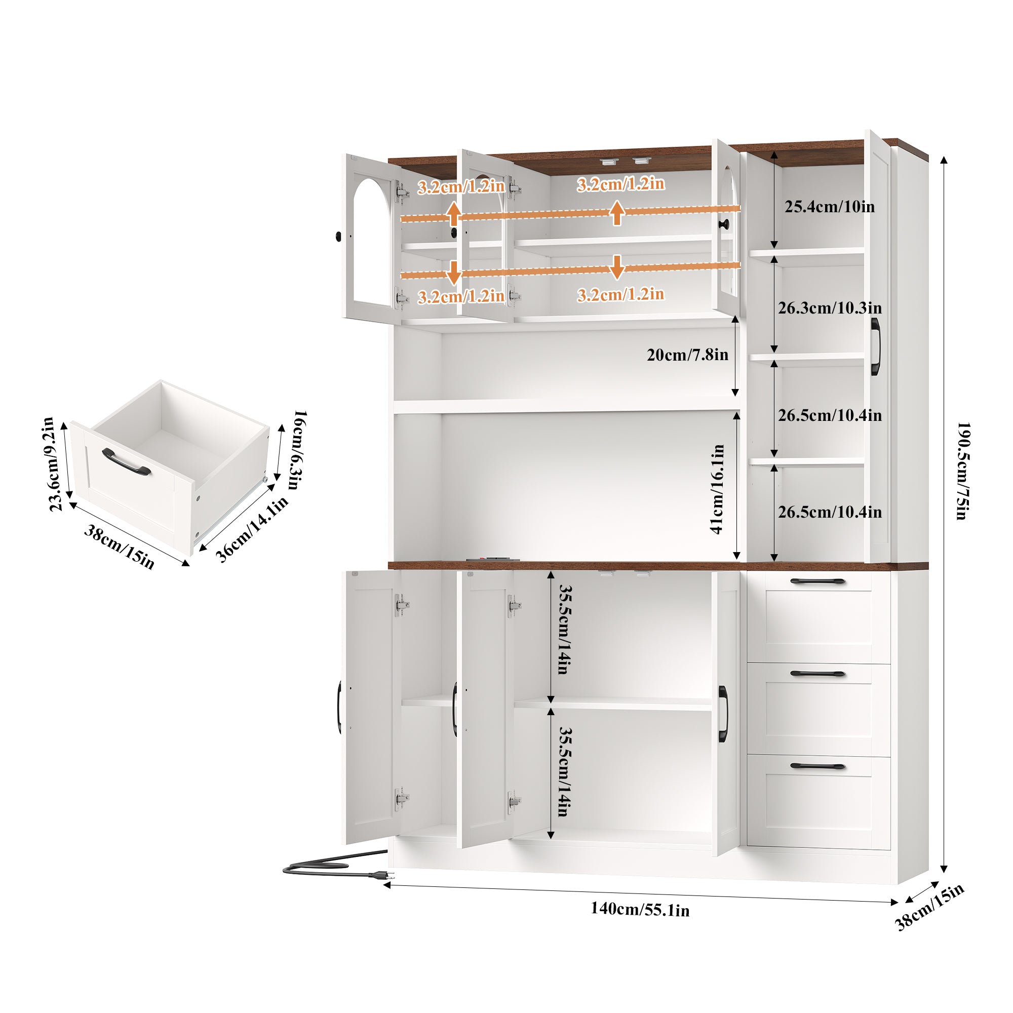 Hiphuta 75" Tall Kitchen Pantry Storage Cabinet, Freestanding Kitchen Hutch with 7 Doors and 3 Drawers for Dining and Living Room, White
