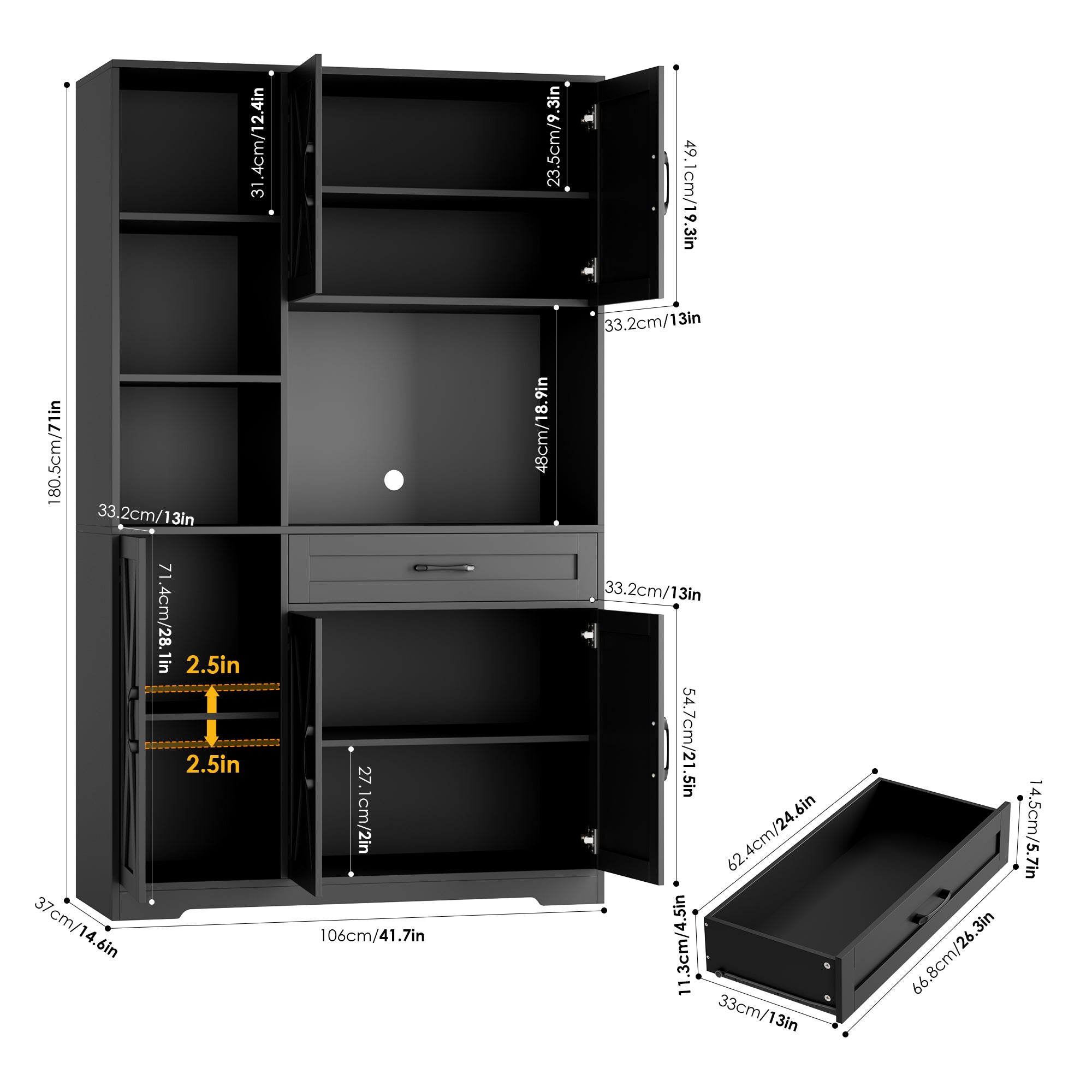 Hiphuta 71" Farmhouse Kitchen Pantry Storage Cabinet, Modern Coffee Hutch with Doors, Shelves & Microwave Stand, Cupboard for Dining Room, Black