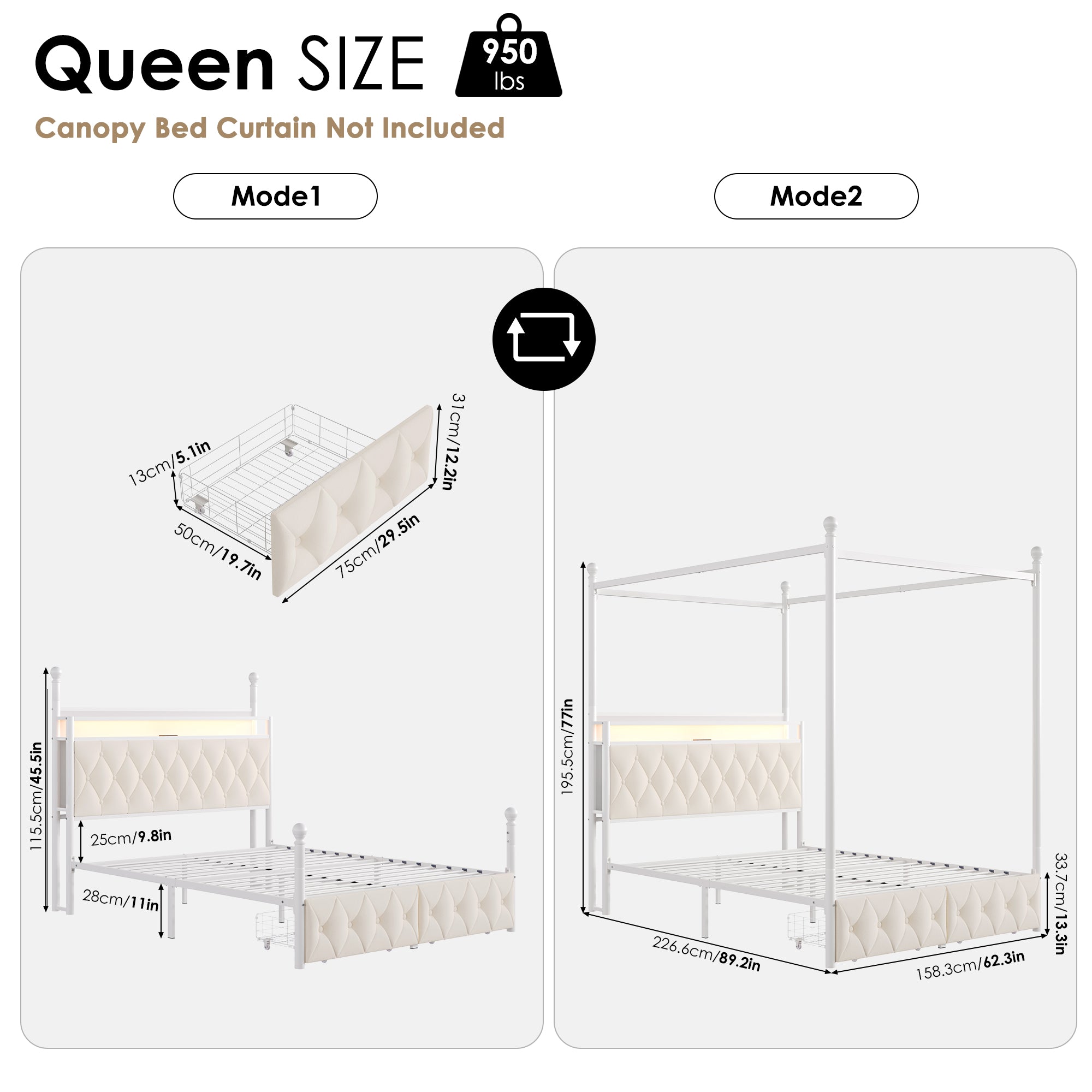 Hiphuta Queen Size Upholstered Canopy Bed with Charging Station & Storage Drawer, Metal Platform Bed with Button Tufted Headboard, Queen Velvet Bed for Adults, Curtain Not Included, Beige