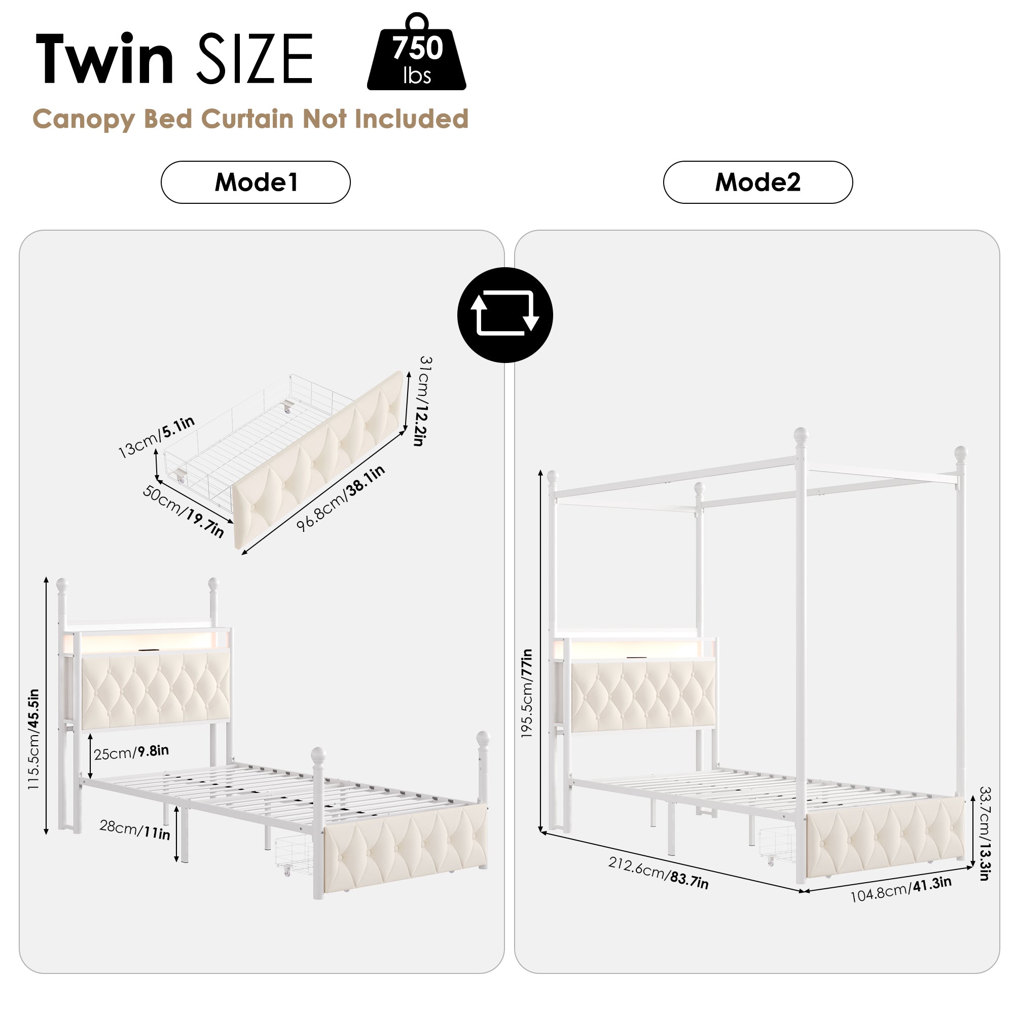 Hiphuta Twin Size Upholstered Princess Canopy Bed with Charging Station & Storage Drawer, LED Platform Bed with 4 Removable Posts, Twin Bed for Kids, Curtain Not Included, Beige