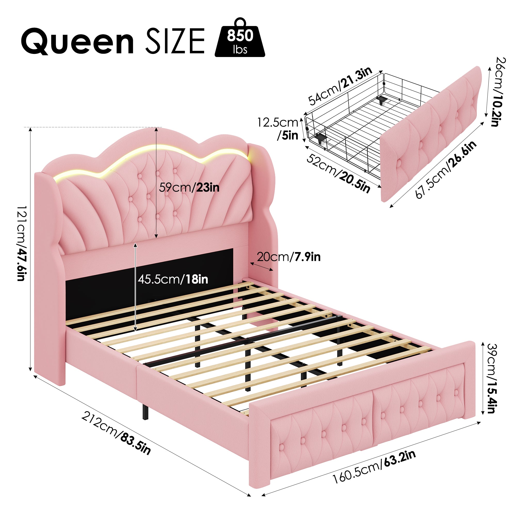 Hiphuta Queen LED Bed with 2 Drawers, LED Lights Platform Bed Frame with Upholstered Button Tufted Headboard, No Box Spring Needed, Velvet Pink
