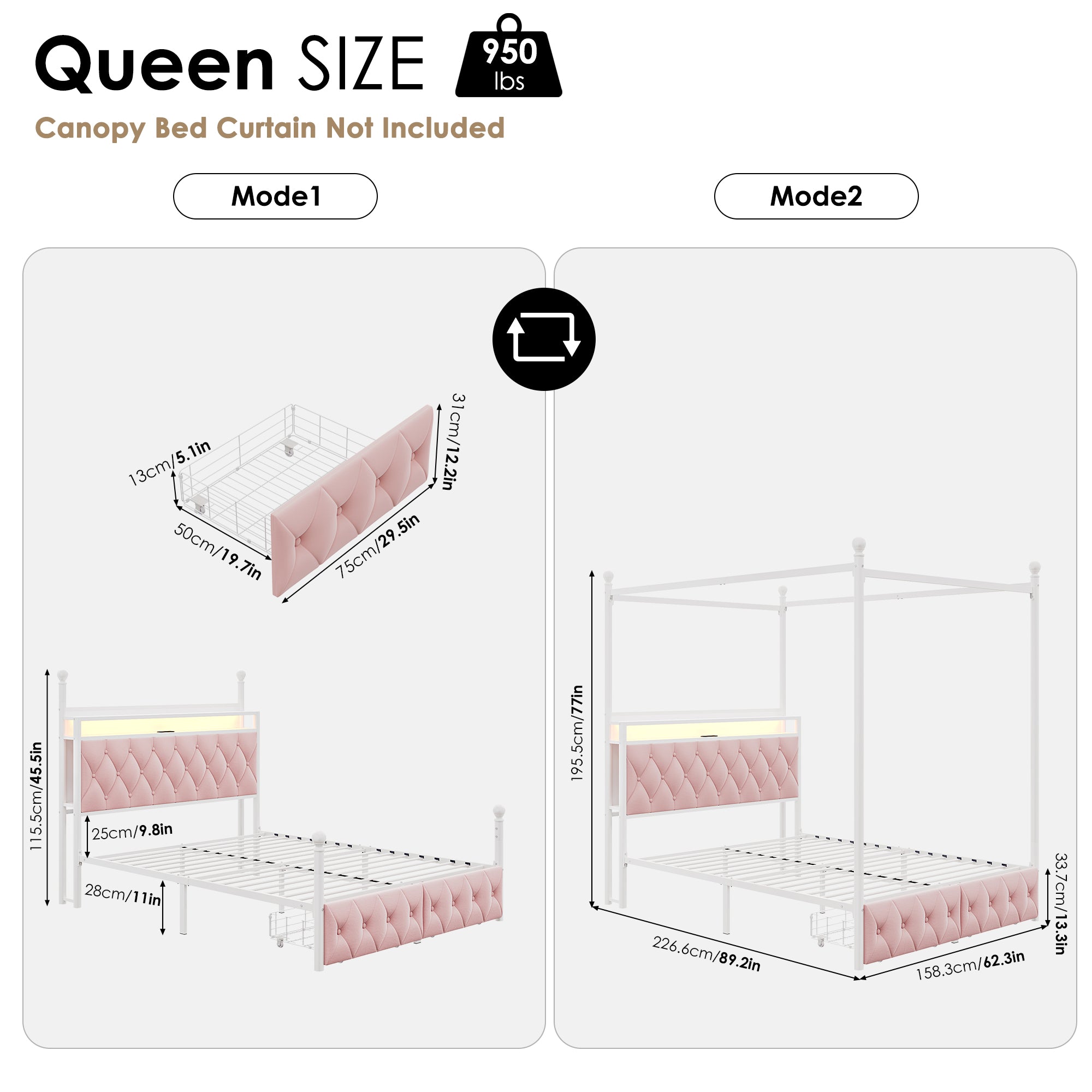 Hiphuta Queen Size Upholstered Canopy Bed with Charging Station & Storage Drawer, Metal Platform Bed with Button Tufted Headboard, Queen Velvet Bed for Adults, Curtain Not Included, Pink