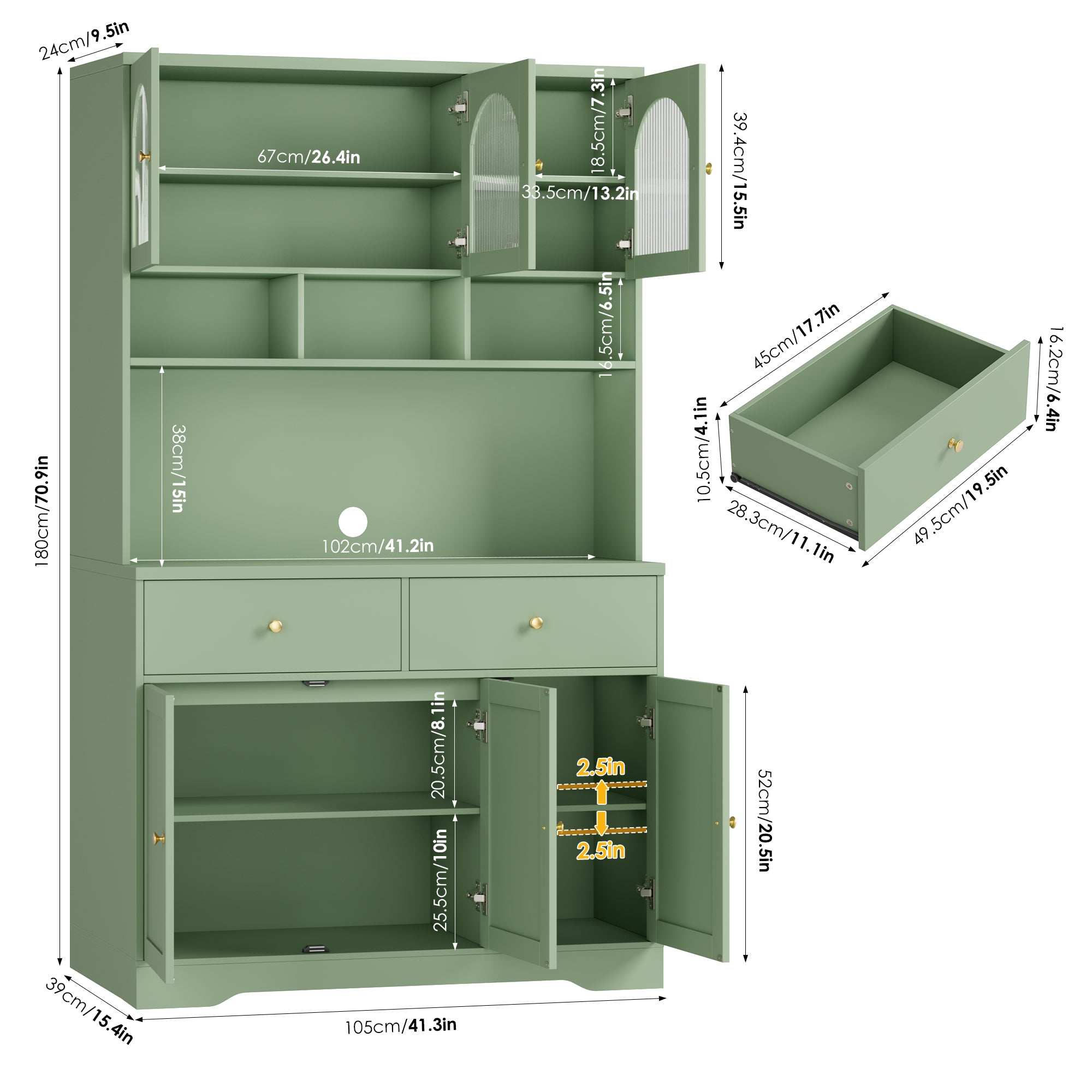 Hiphuta 71"in Modern Kitchen Pantry Storage Cabinet, Freestanding Kitchen Hutch Cabinet with Adjustable Shelves & Microwave Stand, Modern Coffee Hutch for Dining Room, Green