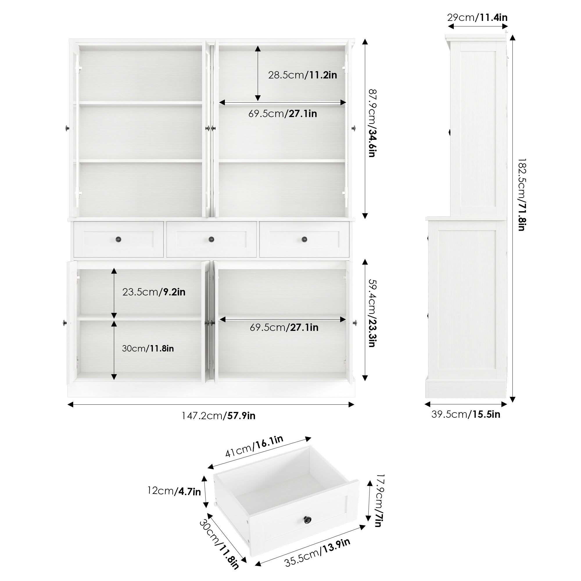 Hiphuta 58" Extened Wide Farmhouse Kitchen Pantry Storage Cabinet, 71”H Freestanding Hutch with 8 Doors and 3 Drawers for Kitchen, White