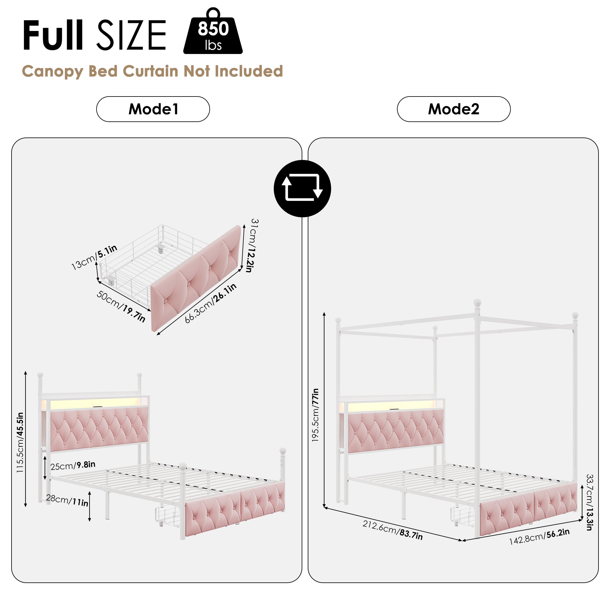 Hiphuta Full Size Upholstered Canopy Bed with Charging Station & Storage Drawer, Metal Platform Bed with Button Tufted Headboard, Full Bed for Kids, Curtain Not Included, Pink