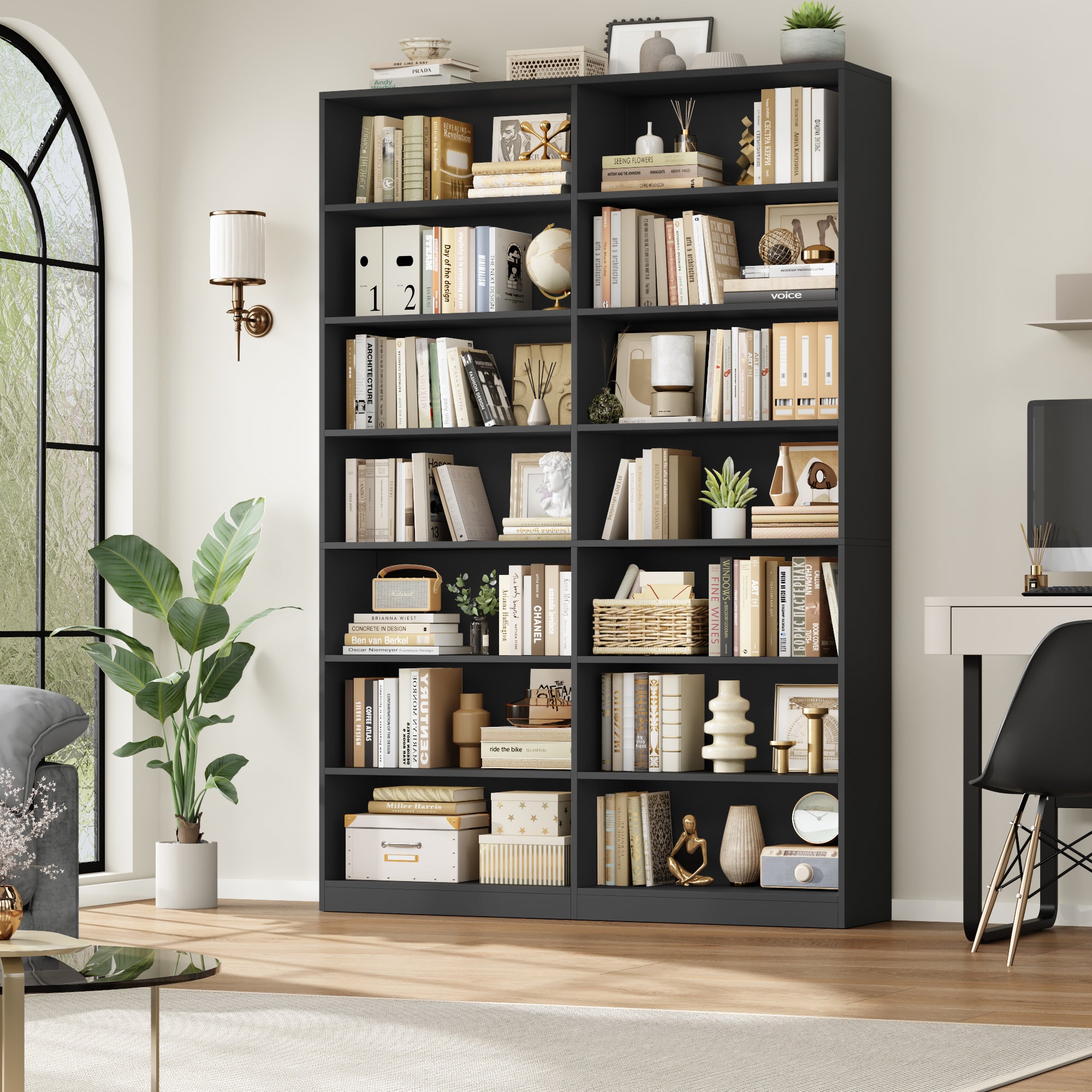 Hiphuta 84"H Wooden Double 7-Tier Tall Bookcase, Standard Bookcase for Living Room and Office, Freestanding Display Storage Shelves, Black