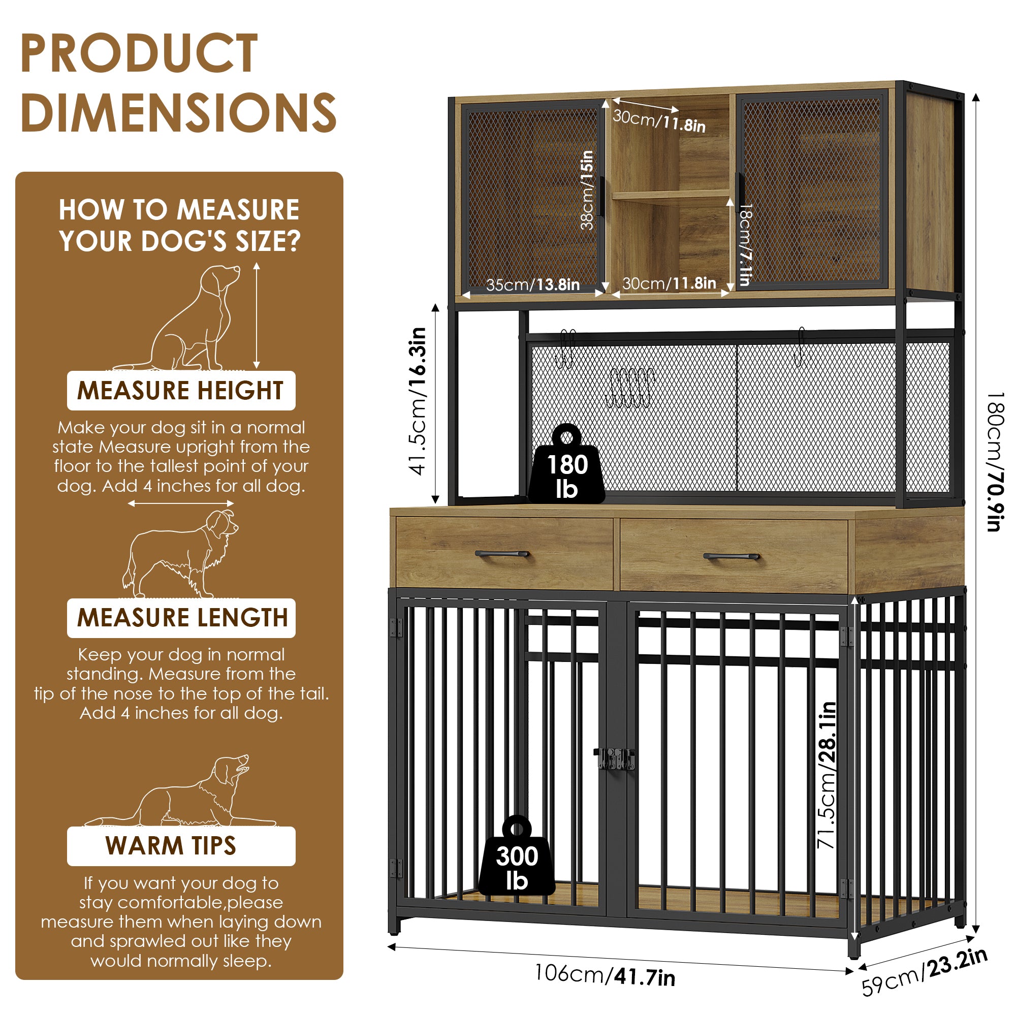 Hiphuta Dog Crate Furniture, Wooden Dog Crate with Drawers, Large Dog Cage Furniture for Living Room, Decorative Pet Sturdy Dog Kennel Furniture for Indoor, Rustic Brown