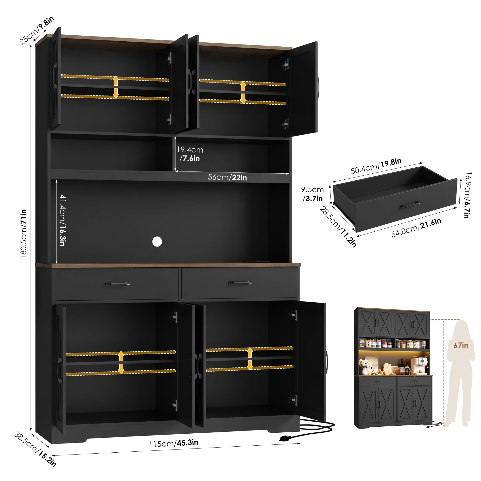 Hiphuta Farmhouse Kitchen Pantry Storage Cabinet, 75”H Freestanding Hutch with 8 Doors and 2 Drawers for Dining and Living Room, Black