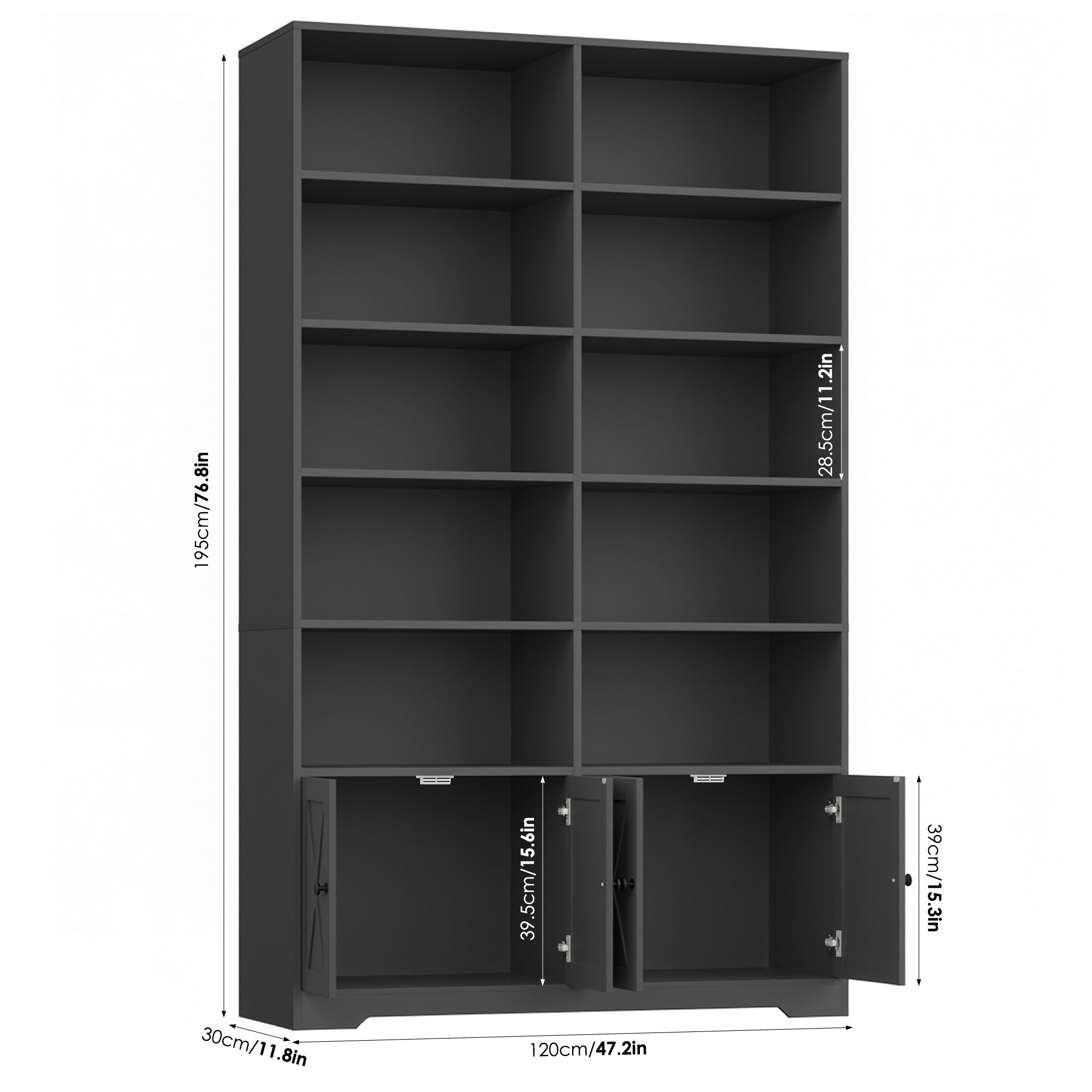 Hiphuta 78"H x 47"W Bookcase with Doors, Tall Bookshelves with Storage, 5-Tier Shelves Freestanding Display Bookcase for Home Office and Living Room, Black
