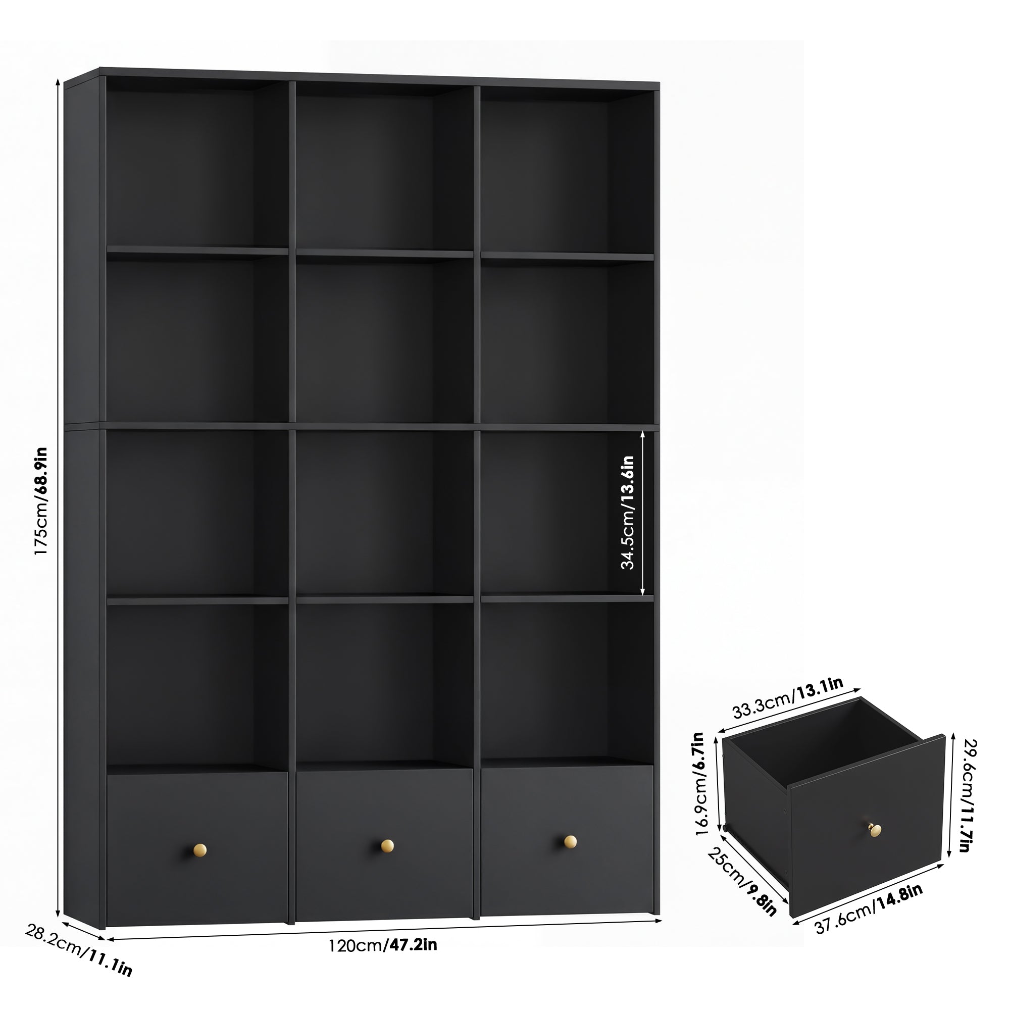 Hiphuta Triple Row 4-Tier Bookcase with 12 Cubes, 69" Tall Large Bookcase with 3 Drawers, for Office Living Room, Black