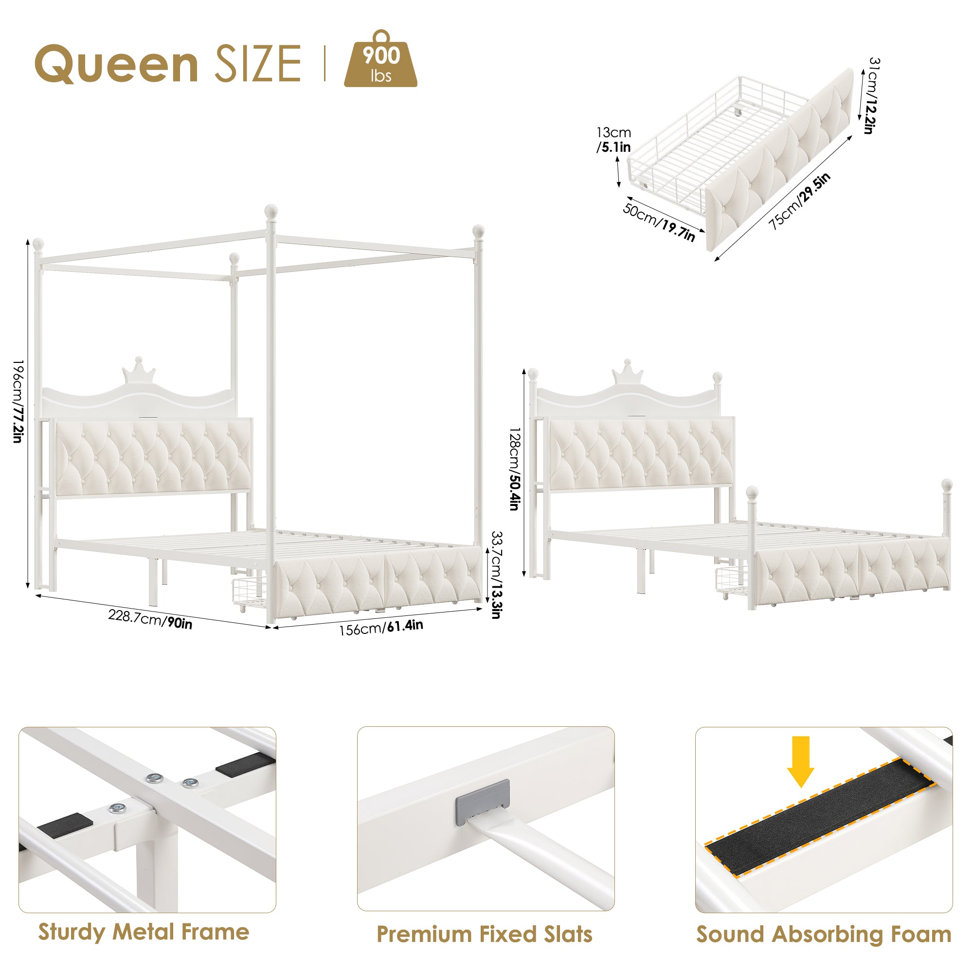 Hiphuta Full Size Crown Canopy Bed with Power Outlet & LED, Upholstered Princess Beds with 4 Removable Posts, Full Bed Frames, White