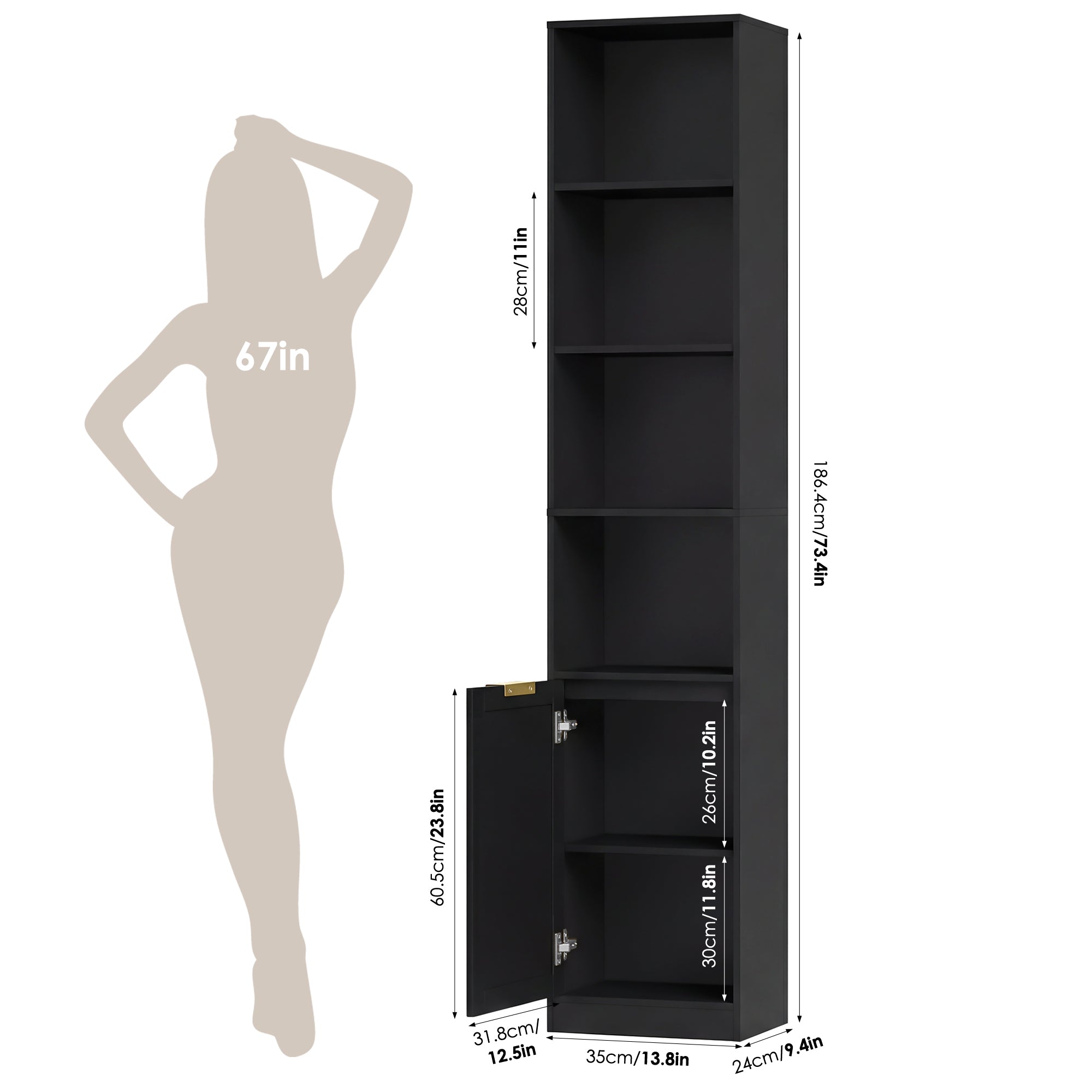 Hiphuta 73.5" Tall Bathroom Storage Cabinets with Adjustable Shelves, 6-Tier Narrow Cabinet, Bathroom Storage Tower for Small Spaces, Black