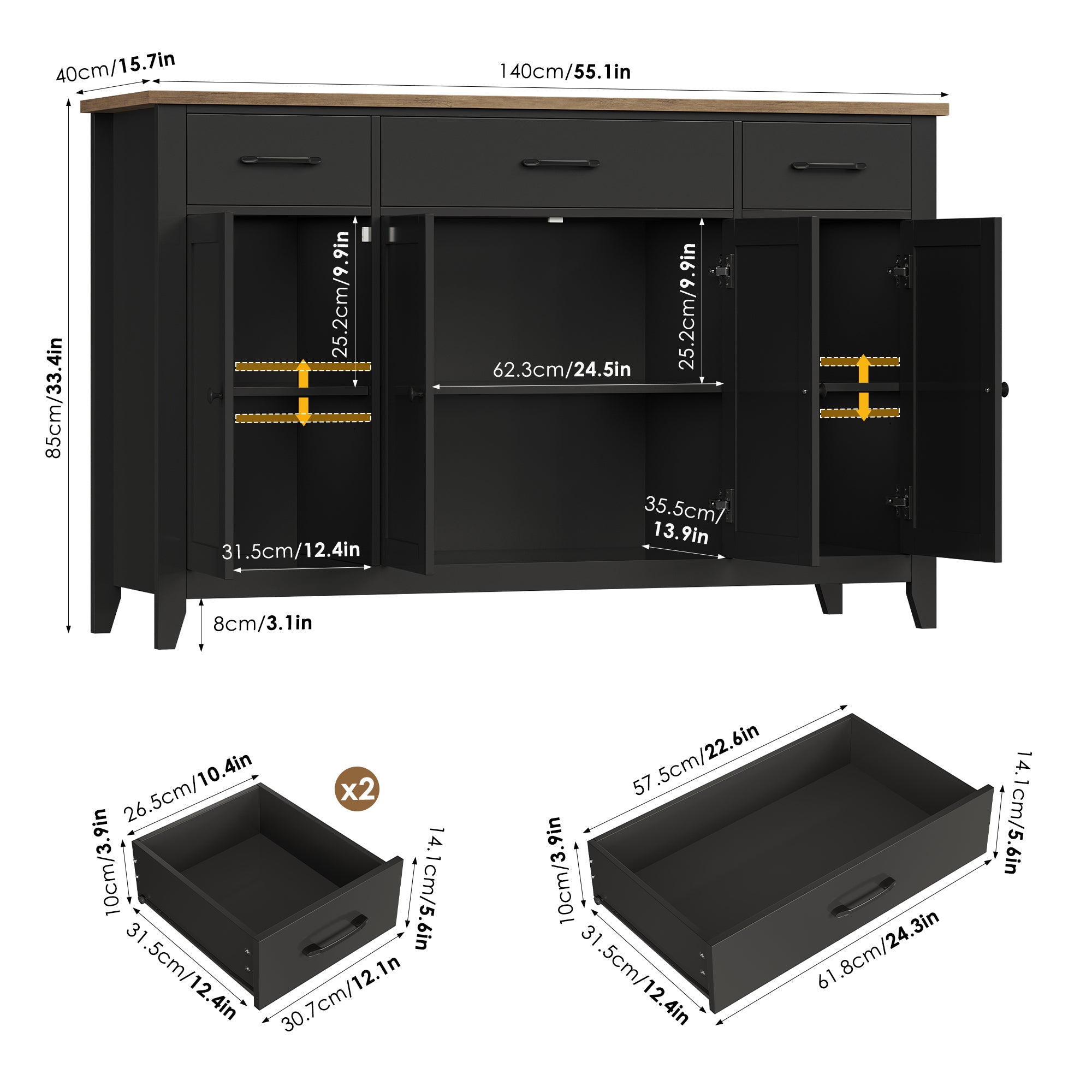 Hiphuta 55"Wide Buffet Cabinet with 2 Adjustable Shelves, Modern Farmhouse Coffee Bar with 3 Drawers and Sturdy Base for Living Room, Black
