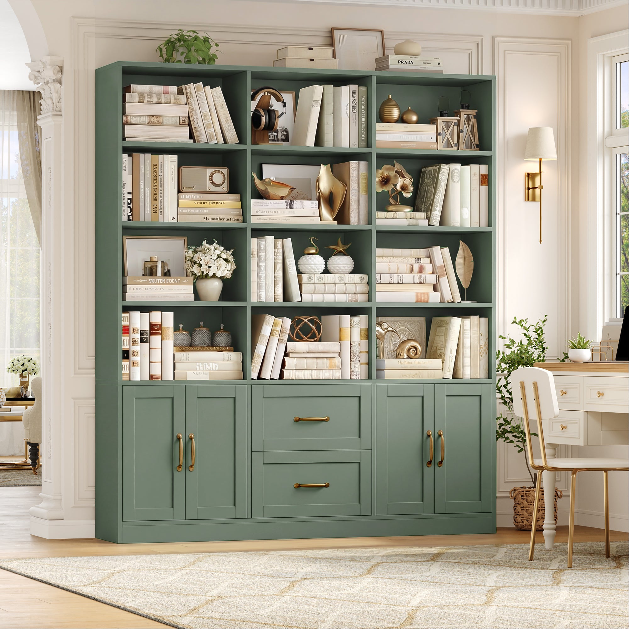 Triple Row 4-tier Bookcase, Large Bookcase with 4 Doors and 2 Drawers, Modern Minimalist Bookcase for Office Living Room, Green