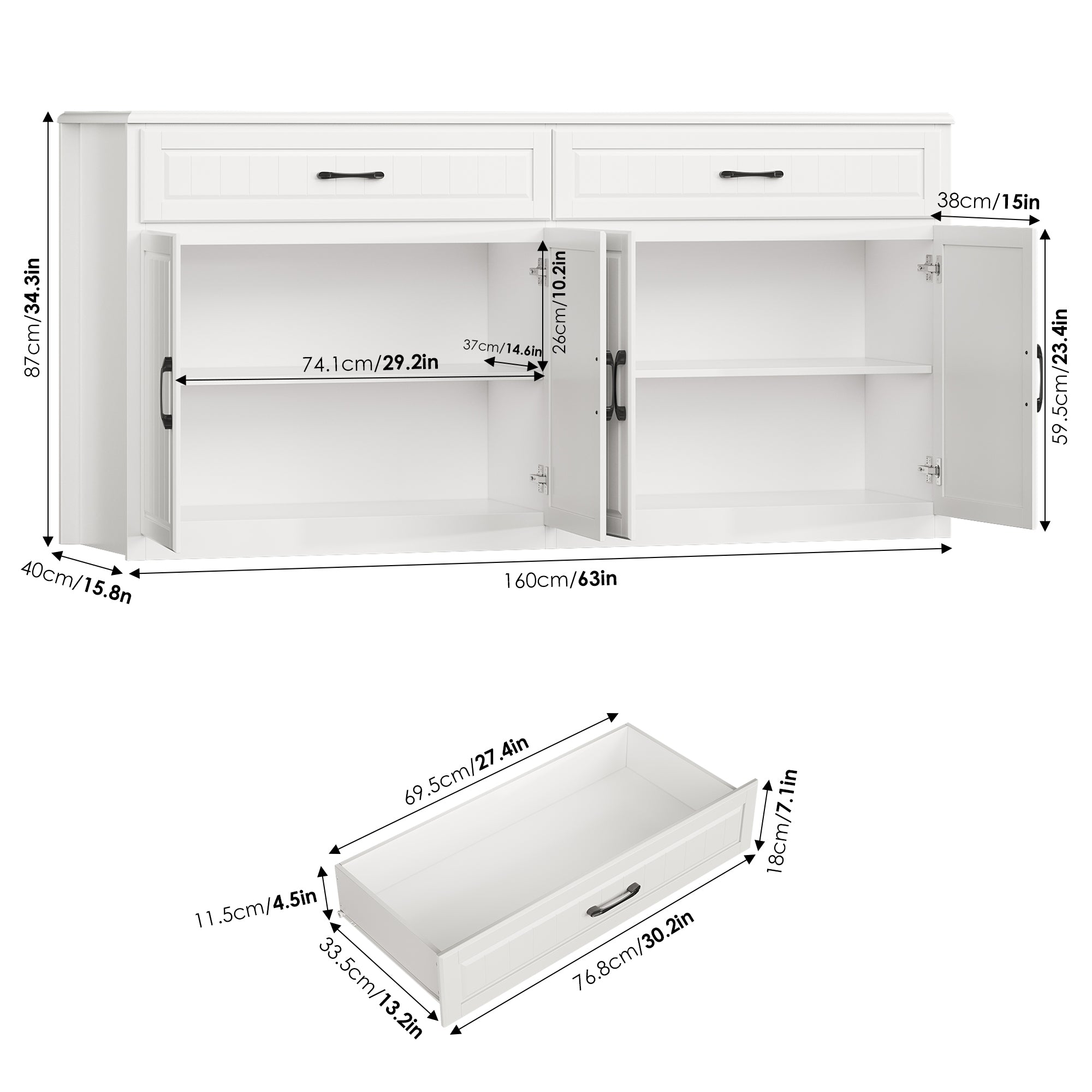Hiphuta 53.7" Large Sideboard, Wooden Cabinet with 6 Drawers, Floor Cabinet Cupboard with Brown Top, White