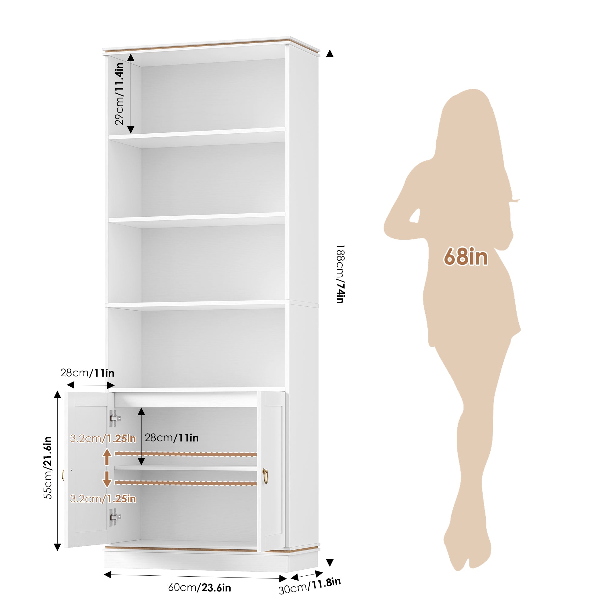 Hiphuta Bookcase with Doors, 73"Tall bookshelves with Storage, 4 Shelves Display Bookcase, 47"W Narrow Bookshelf with 2 Doors for Home Office and Living Room, White