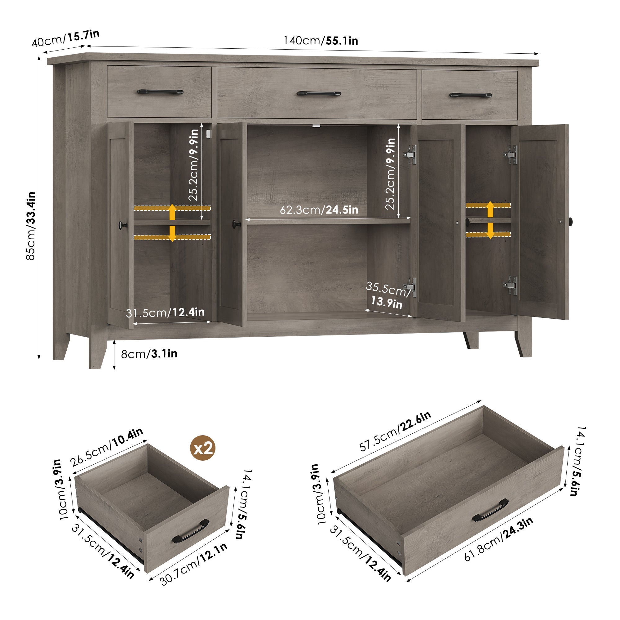 Hiphuta 55"Wide Buffet Cabinet with 2 Adjustable Shelves, Modern Farmhouse Coffee Bar with 3 Drawers and Sturdy Base for Living Room, Ash Gray