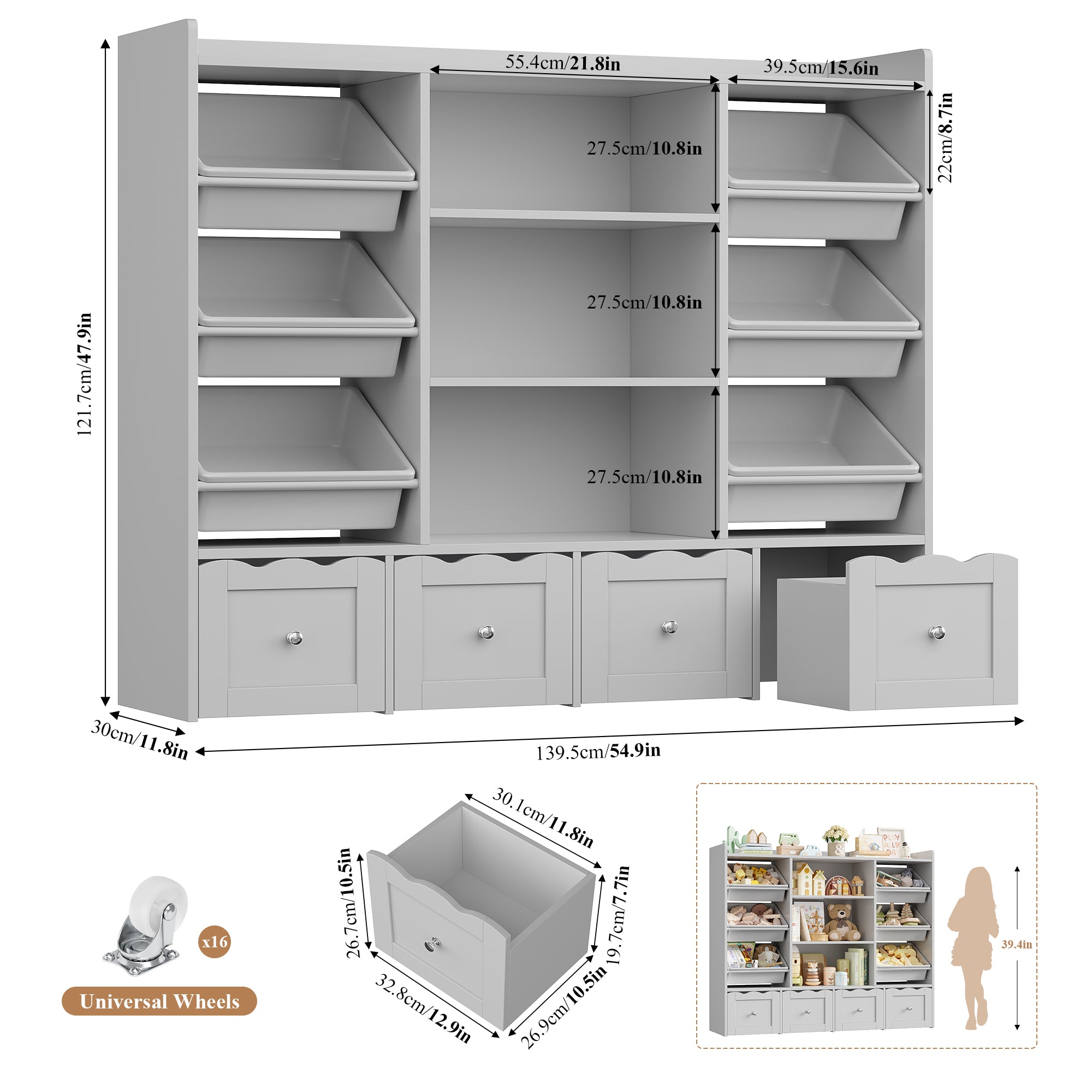 Hiphuta 55" Wide Toy Storage Organizer with 4 Removable Drawers, 4-Tier Kid Bookcase with 6 Bins, Toy Organizer with Bookcase for Kid Bedroom Playroom, Gray