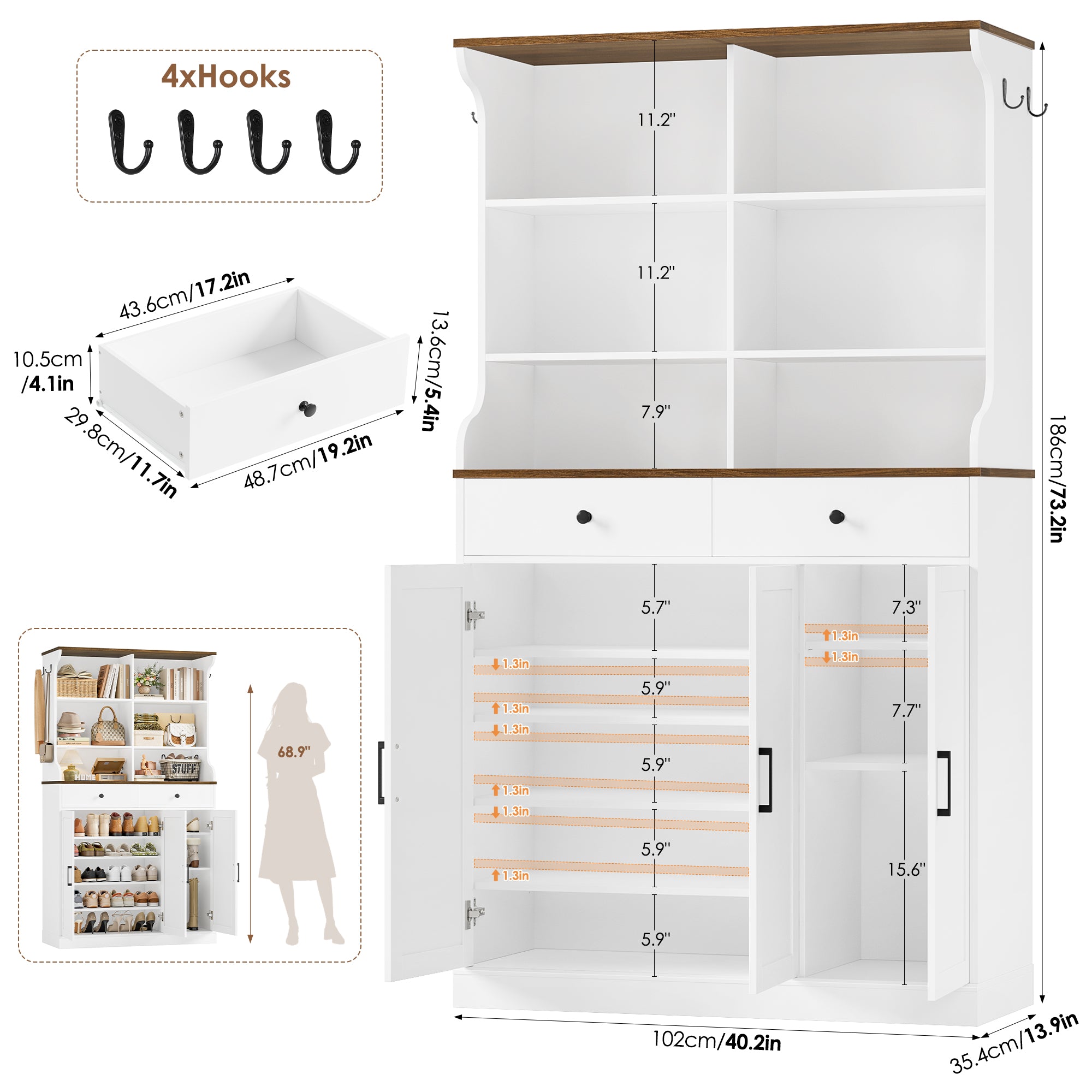 Hiphuta 73” Tall Shoe Cabinet with Doors and 2 Drawers, Hidden Shoe Storage Cabinet with Hanging Hooks, Wood Shoe Rack Organizer for Entryway, Hallway and Living Room, White