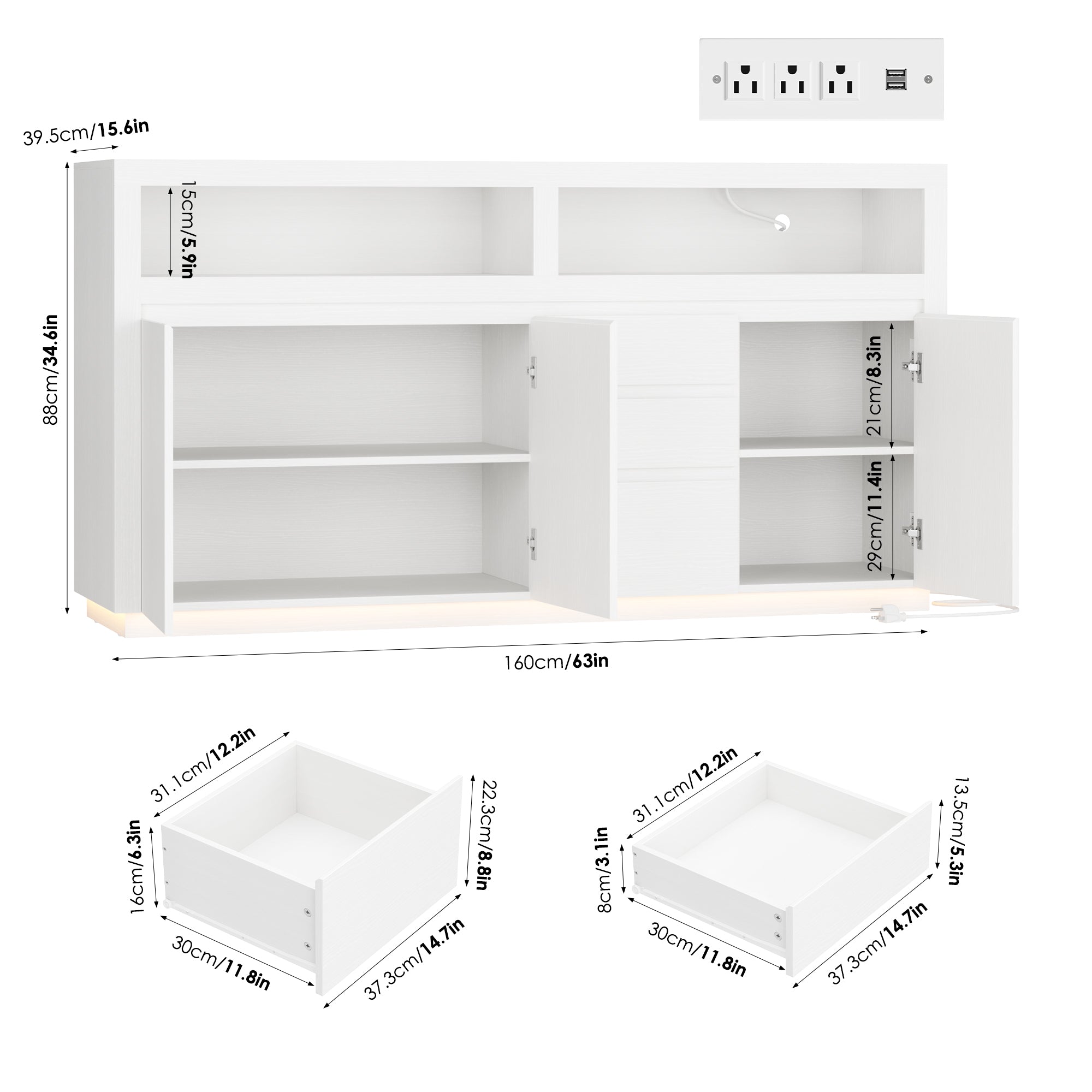 Hiphuta 63" Wide Farmhouse TV Stand Fits Up to 70 Inch TVs, Entertainment Center with RGB LED Lights, Wood Grain Media Console with Charging Station, White