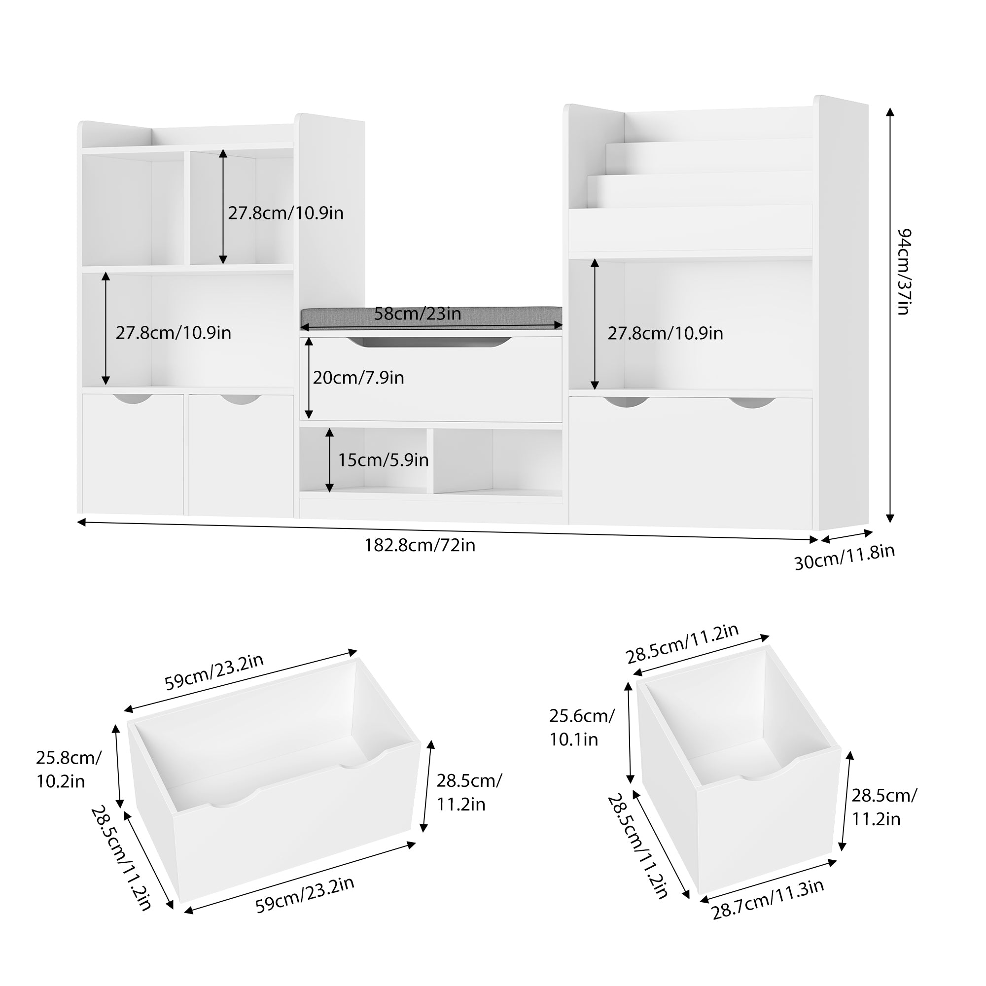 Hiphuta Kids Bookshelf with Reading Nook, Bookcase with Seat Detachable Cushion, Storage Bench with Book Rack, White