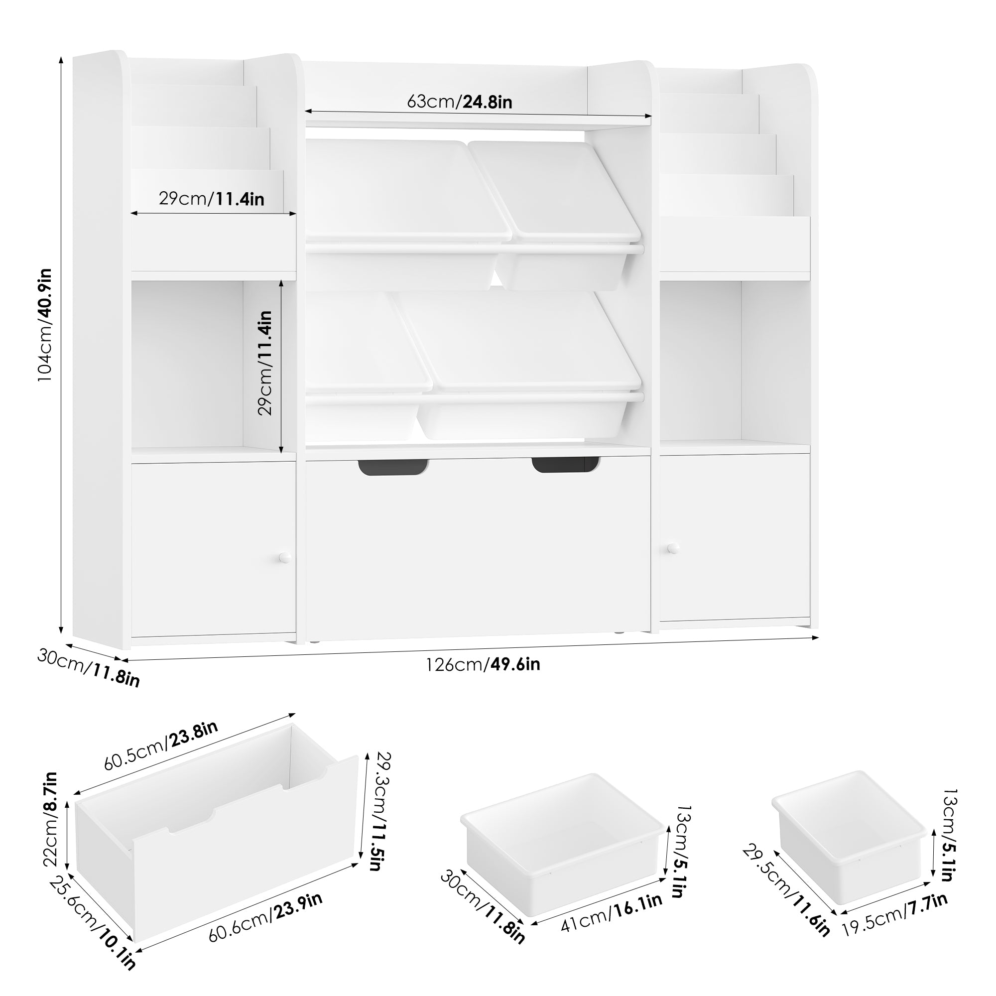 Hiphuta Kid Storage Toy Organizer, Wood Toy Storage Organizer with 4 Toy Boxes, Kids Bookcase with Book Rack, White