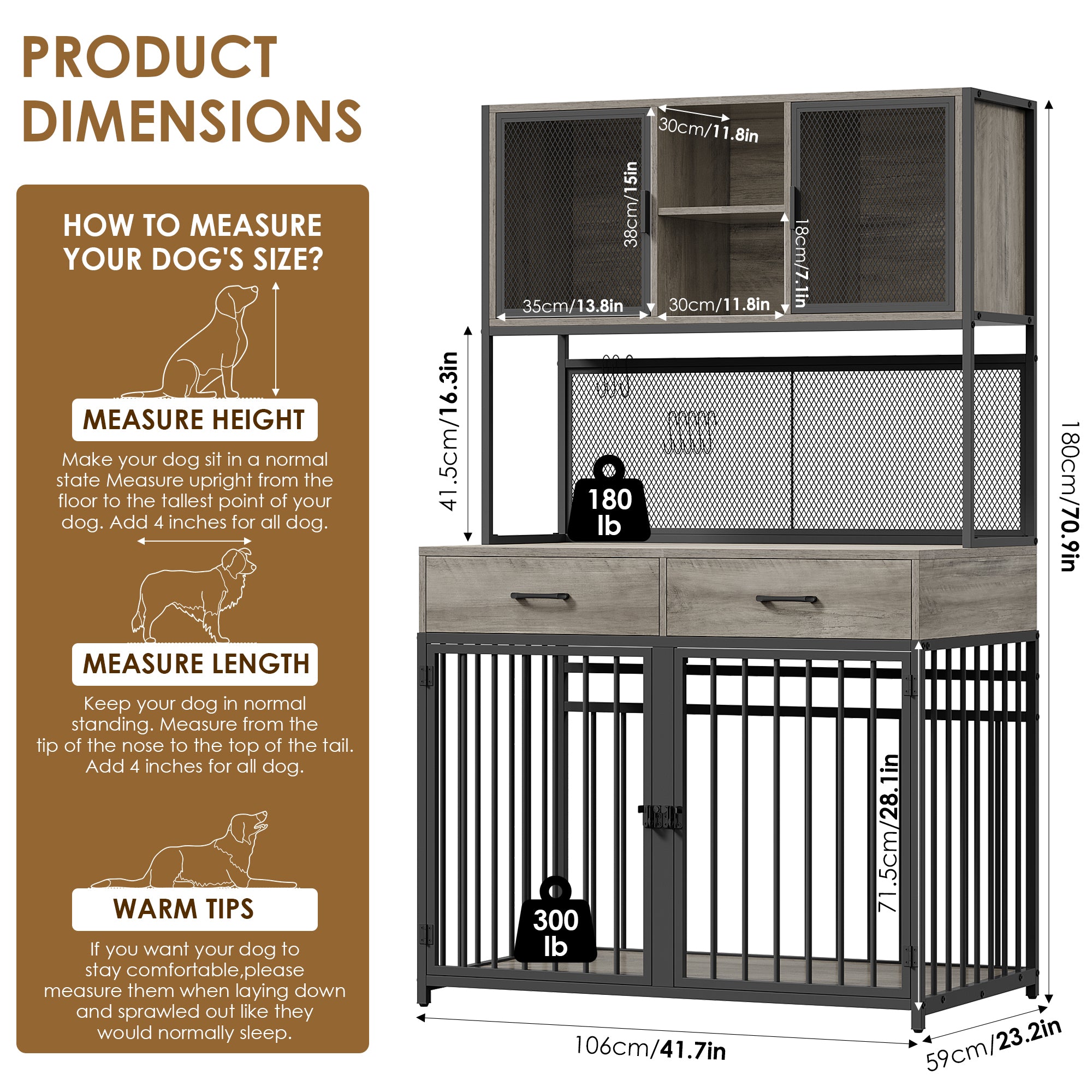 Hiphuta Dog Crate Furniture, Wooden Dog Crate with Drawers, Large Dog Cage Furniture for Living Room, Decorative Pet Sturdy Dog Kennel Furniture for Indoor, Ash Gray