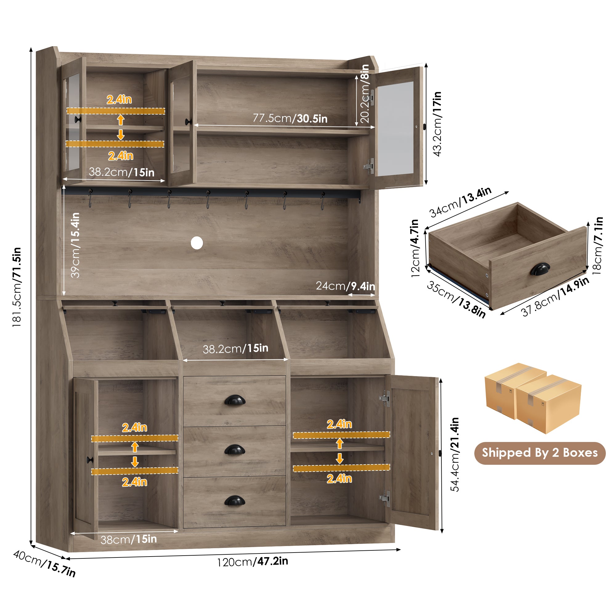 Hiphuta Farmhouse Kitchen Pantry Storage Cabinet, 71”H Freestanding Hutch with 8 Doors and 3 Drawers for Dining and Living Room, Brown