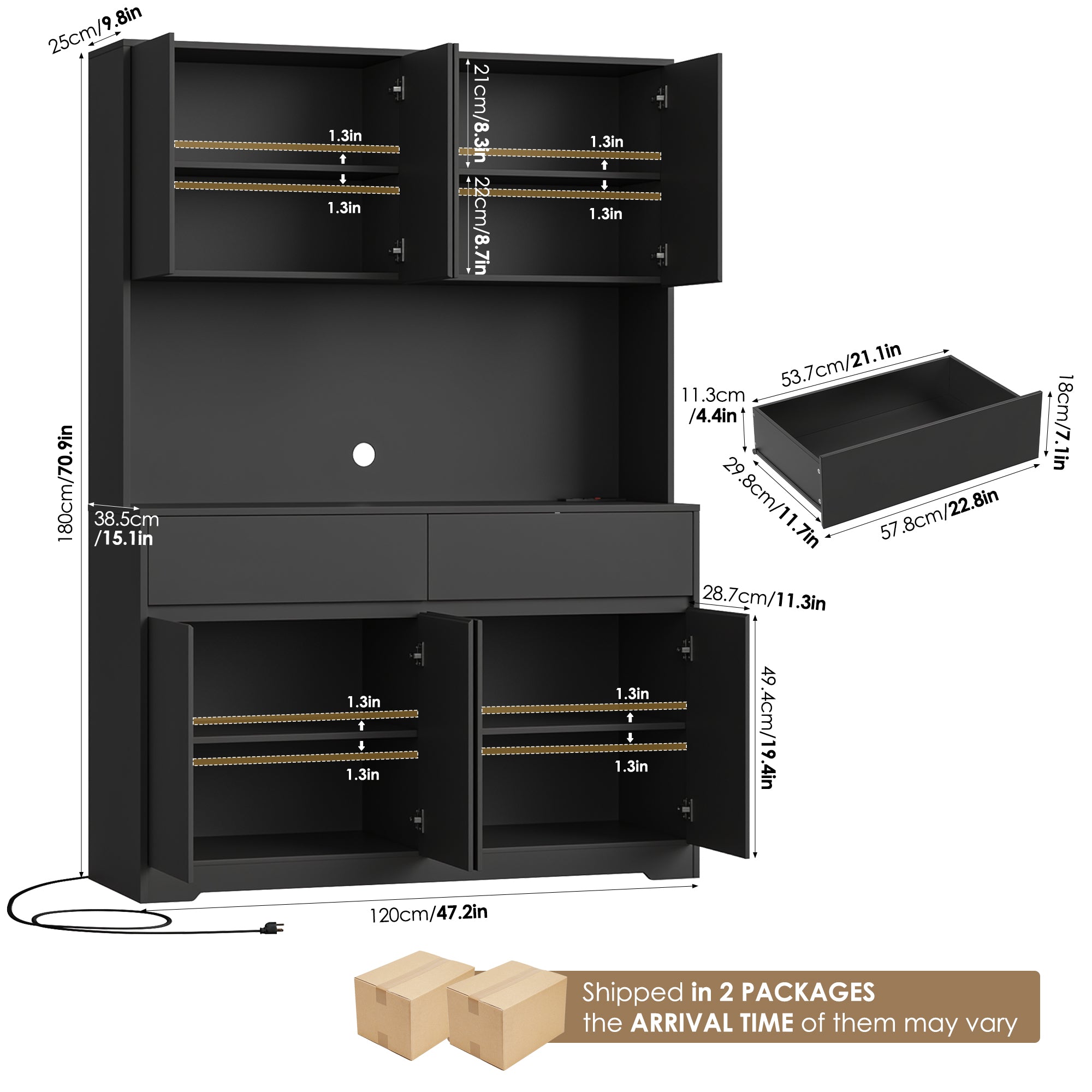 Hiphuta 71"Tall Modern Pantry Cabinet with Charge Station & Led Light, Freestanding Kitchen Hutch Cabinet for Dining Room, Black