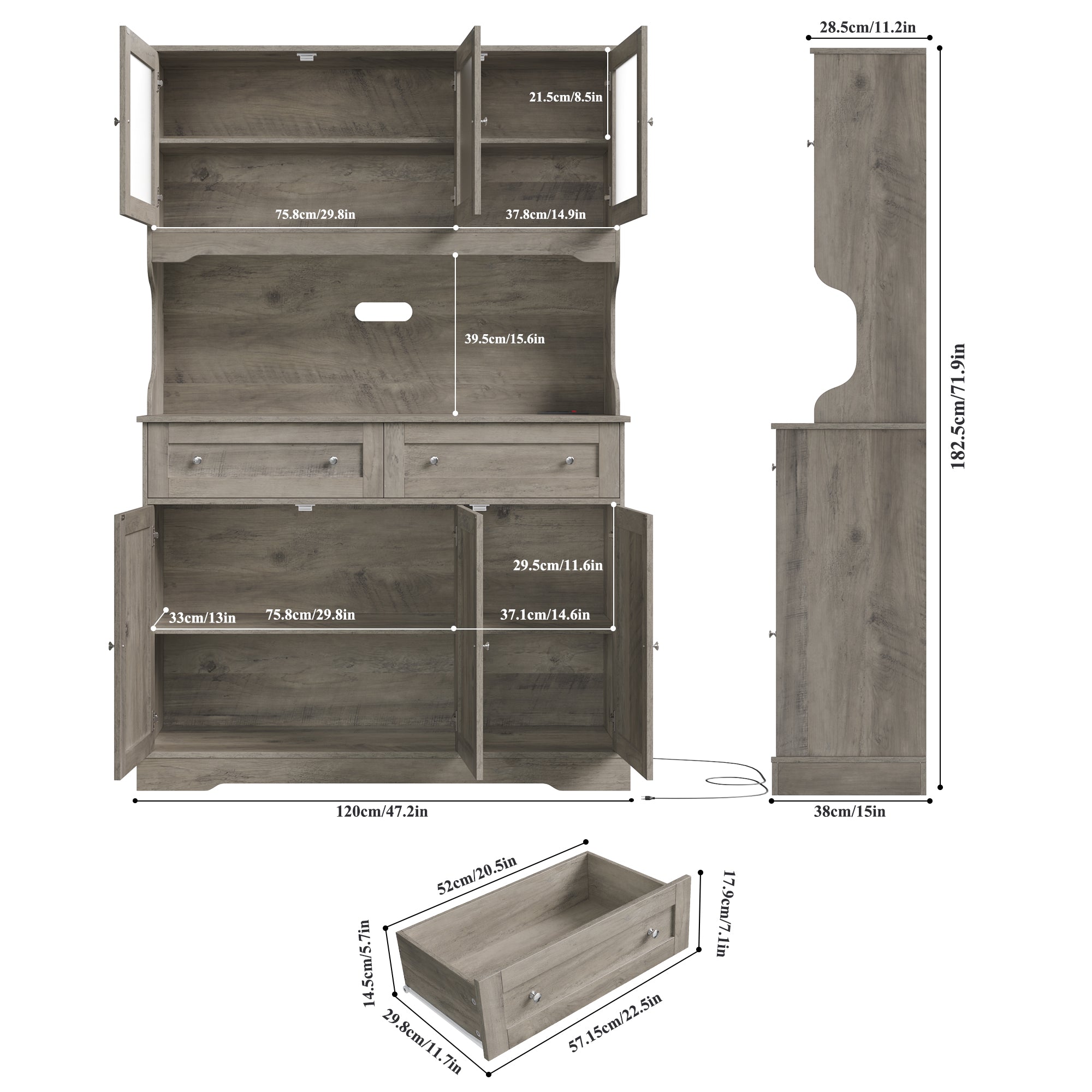 Hiphuta 72” Tall Kitchen Pantry Storage Cabinet with Power Outlet, Freestanding Cupboard Storage Buffet Hutch with Microwave Stand, Storage Pantry with Drawers & Glass Doors, Ash Gray