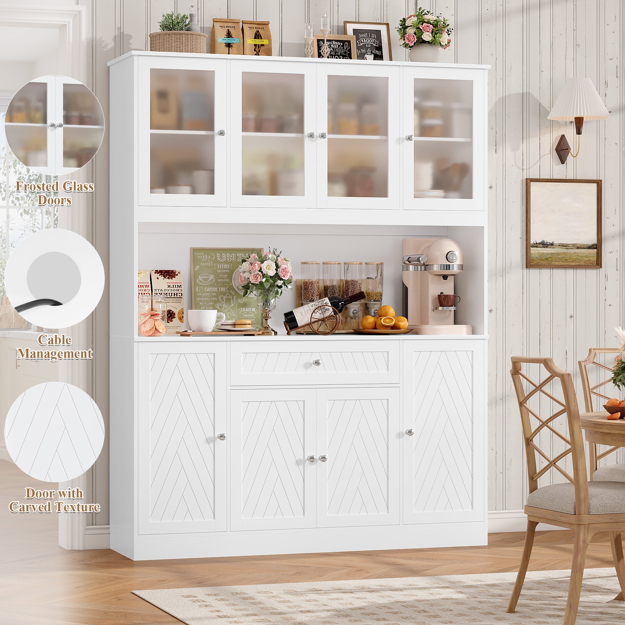 Hiphuta 72" H Kitchen Pantry Cabinet with Frosted Glass Door, Farmhouse Kitchen Storage Cabinet with Cable Management, Large Kitchen Hutch for Kitchen Dining Room,White