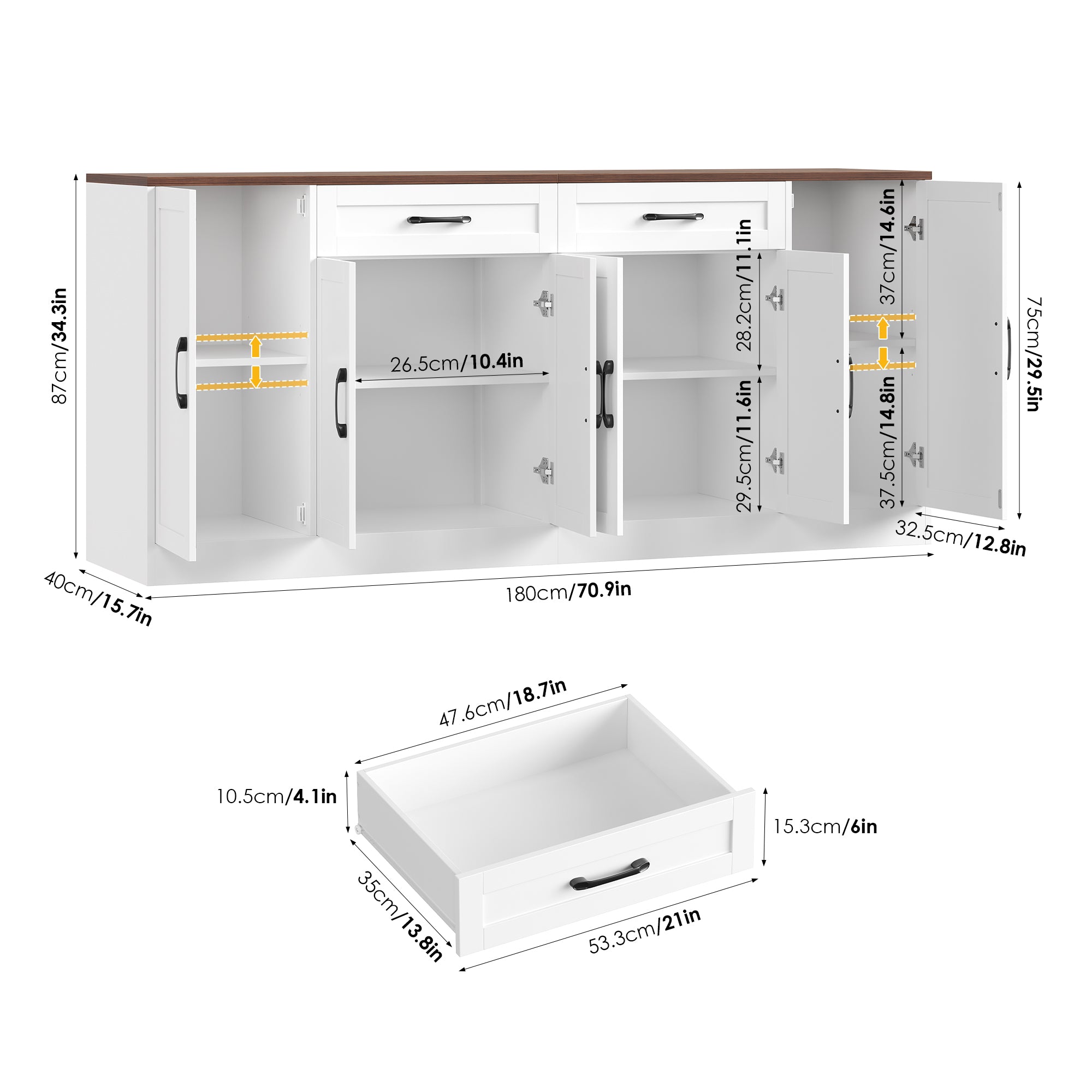 Hiphuta 70.8"W Large Buffet Cabinet with Storage, Modern Farmhouse Sideboard with 6 Doors, Coffee Bar for Kitchen Dining Room Living Room, White