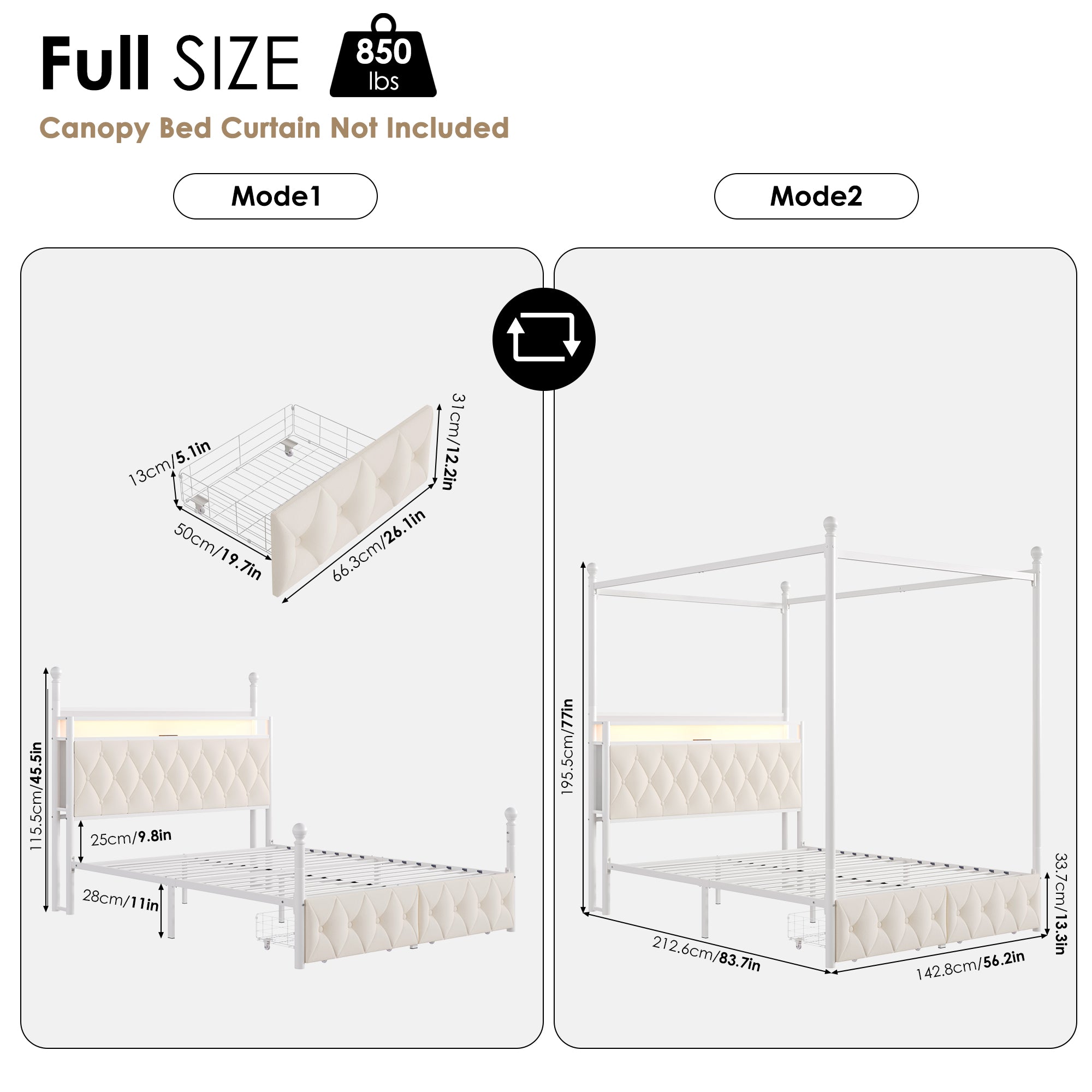 Hiphuta Full Size Upholstered Canopy Bed with Charging Station & Storage Drawer, Metal Platform Bed with Button Tufted Headboard, Full Bed for Kids, Curtain Not Included, Beige