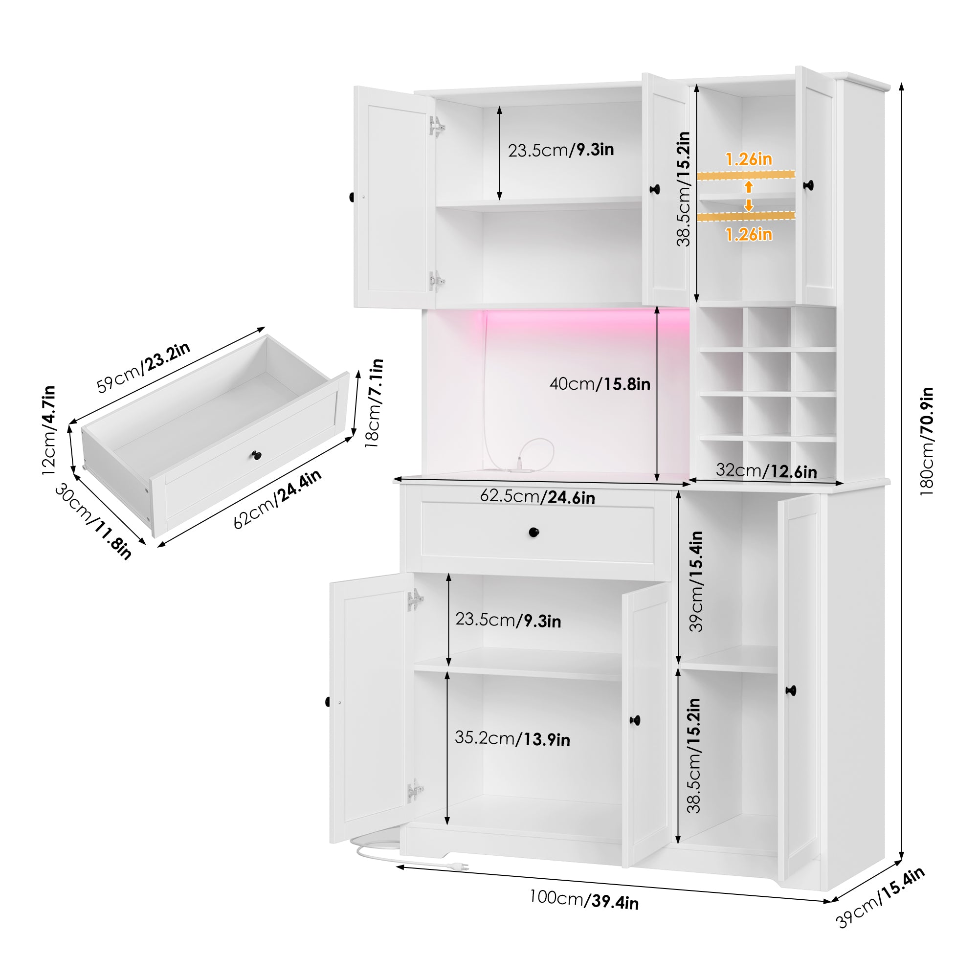 Hiphuta 71" Pantry Cabinet with Charging Station, Kitchen Pantry Storage Cabinet with Microwave Stand & Wine Rack, Kitchen Hutch Cabinet with Storage Drawers, Food Pantry Cabinet with Countertop for Dining Room, White