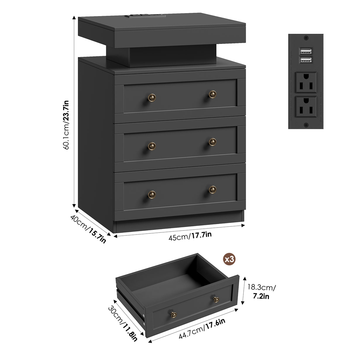 Hiphuta Set of 2 Nightstands with RGB LED and Charging Station for Bedroom, Sofa Tables with 3 Drawers for Living Room, Modern Beside Tables with Storage, Black